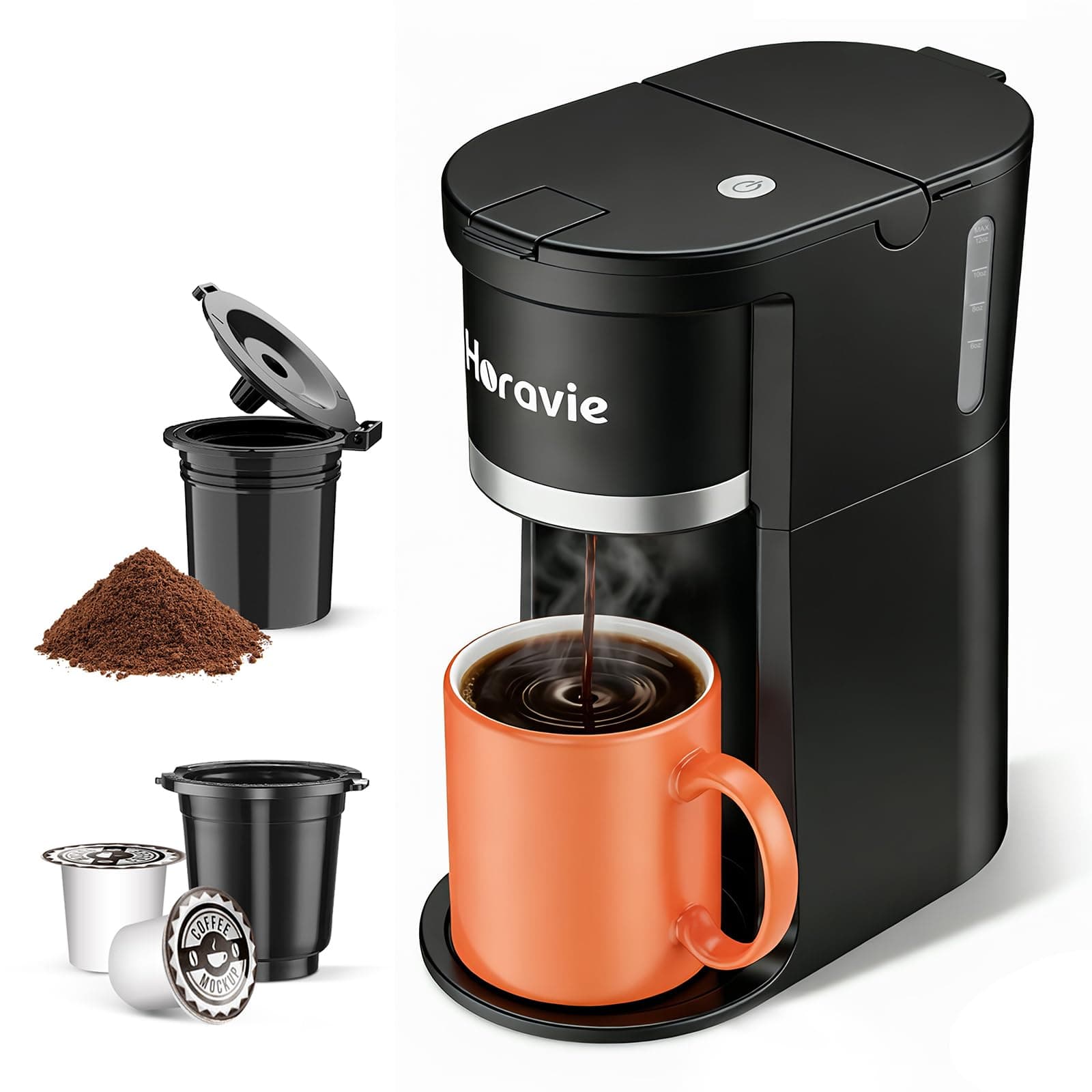 Horavie Small Single Serve Coffee Maker, Fast Brew One Cup Coffee Machine for K Cup and Grounds, 6 to 12 oz. Brew Sizes, Pod Coffee Maker with Descaling Reminder and Viewing Tank, Black