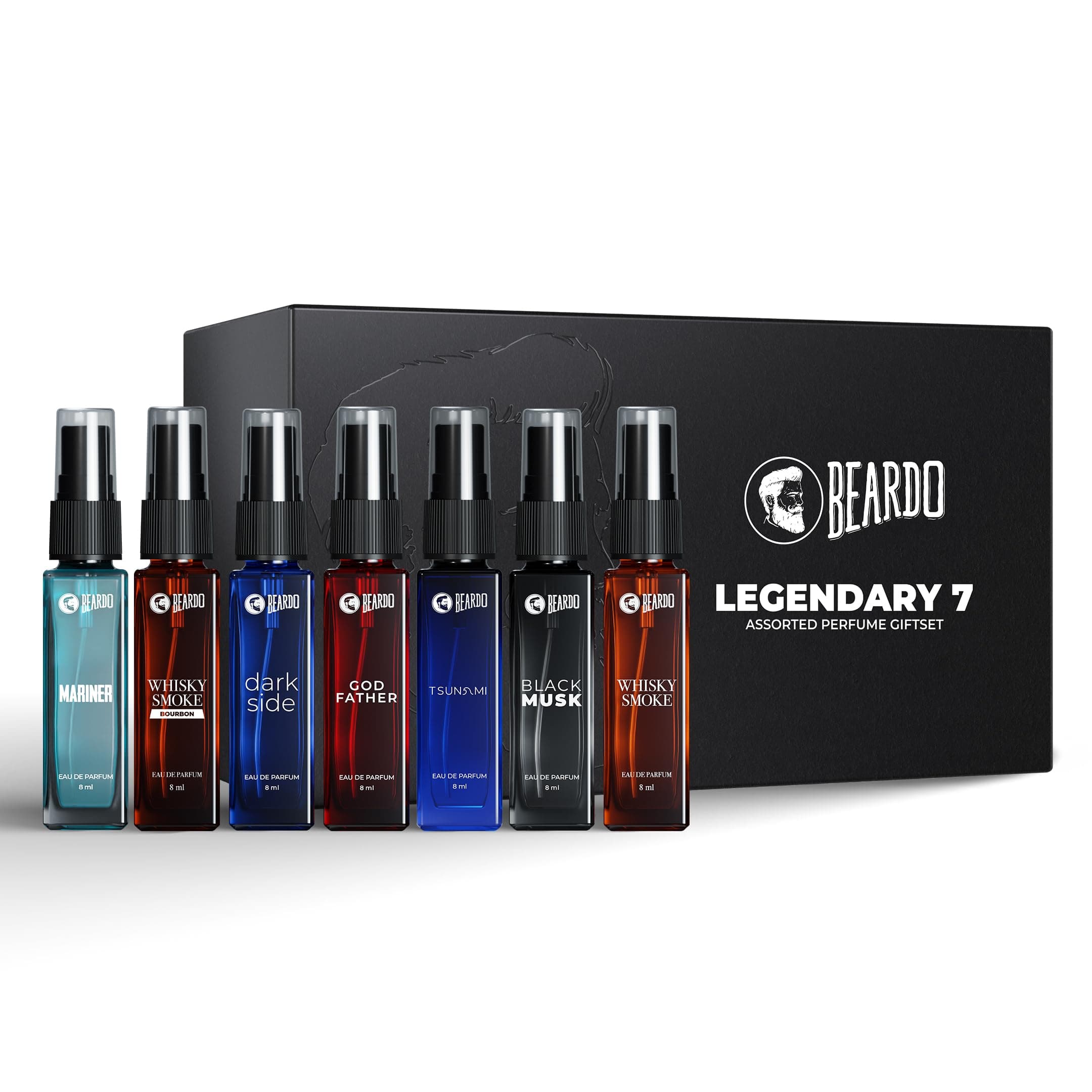 Beardo Legendary 7 Assorted Perfume Gift Set for Men 7X8ml with Long Lasting Fragrances | Travel Pack with Mariner Whisky Smoke Dark Side God Father Tsunami & Black Musk | Rakhi Gift for Brother | Gift for boyfriend | Gift for Men | Gift for Brother