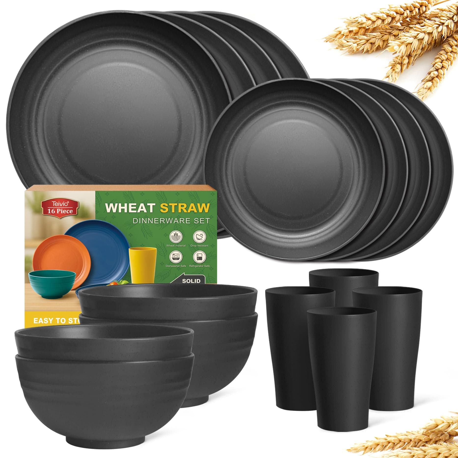 Teivio 16-Piece Kitchen Plastic Wheat Straw Dinnerware Set, Service for 4, Dinner Plates, Dessert Plate, Cereal Bowls, Cups, Unbreakable Plastic Outdoor Camping Dishes, Black