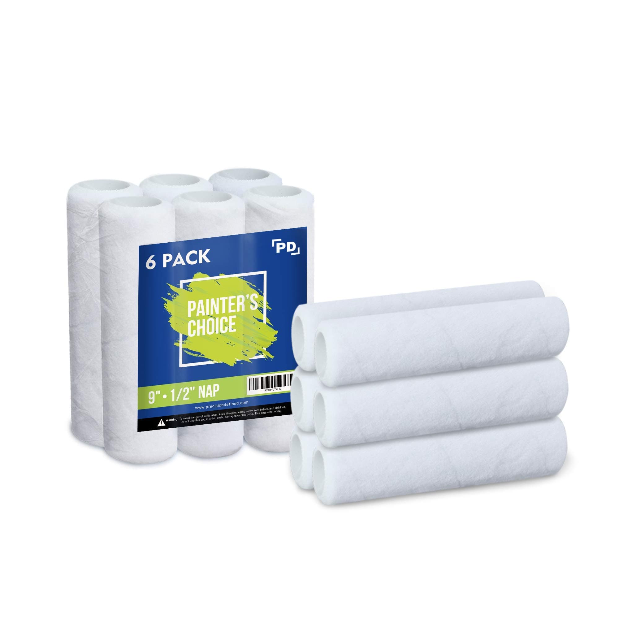 Precision Defined Paint Roller Covers 9-Inch, Paint Roller Refills 6-Pack, Replacement Covers for Roller Brushes Set, Exterior Paint Roller Cover Set for Painting Walls, Smooth Rolling (1/2-Inch Nap)