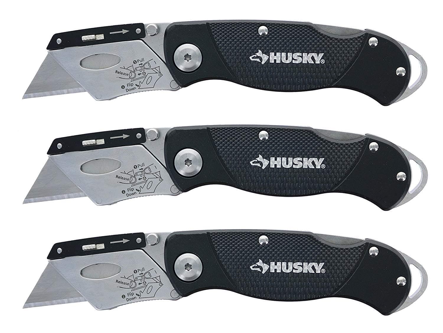 Husky Folding Sure-Grip Lock Back Utility Knives Multi Pack (3 Piece Set: 3 x Knives w/Blades) (Colors Vary) (Multi Pack)