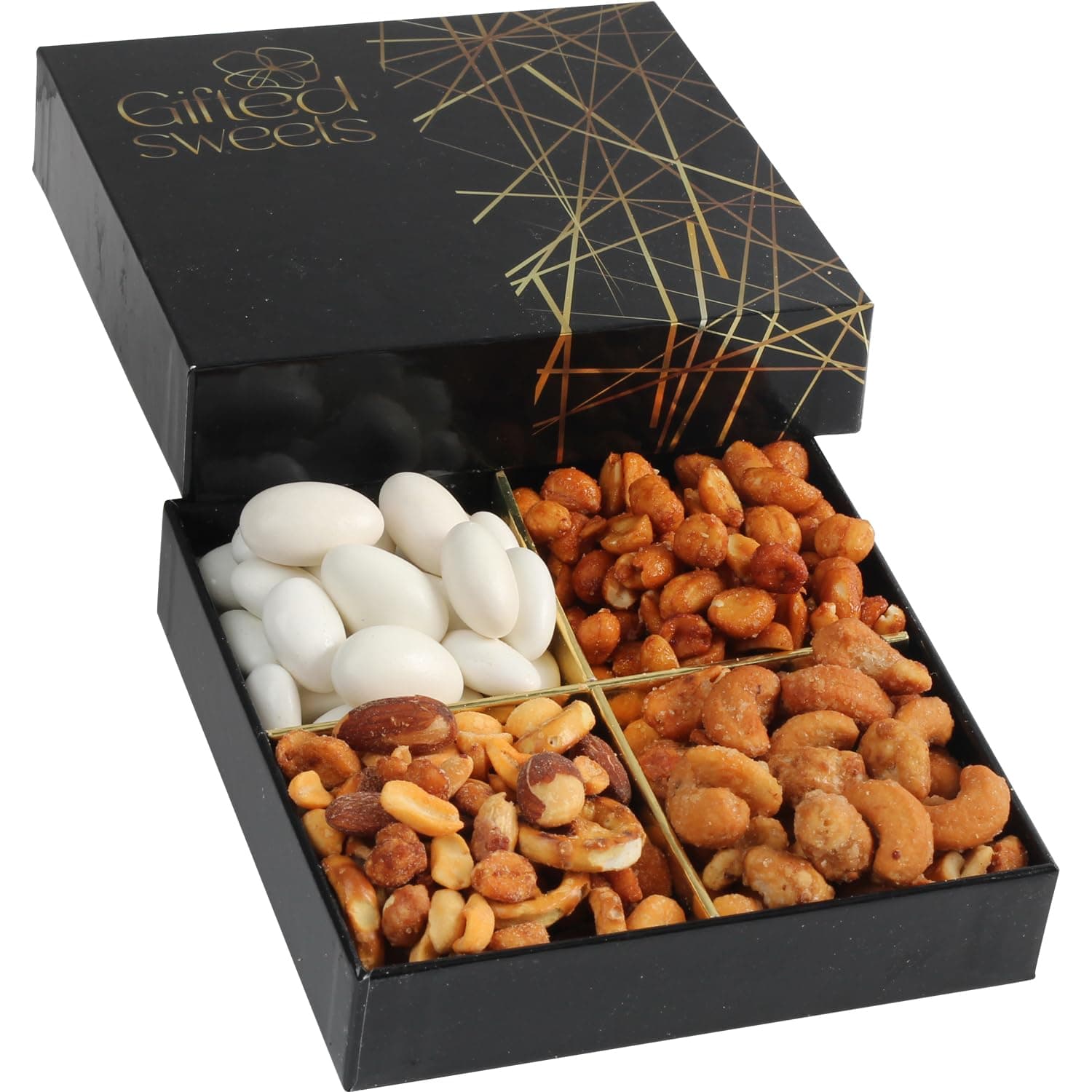Flavored Nuts Gift Box - 4 Variety Sampler - Gourmet Nut Gift Basket - Holiday Nut Tray for Birthday, Care Package, Get Well, Anniversary, House Warming