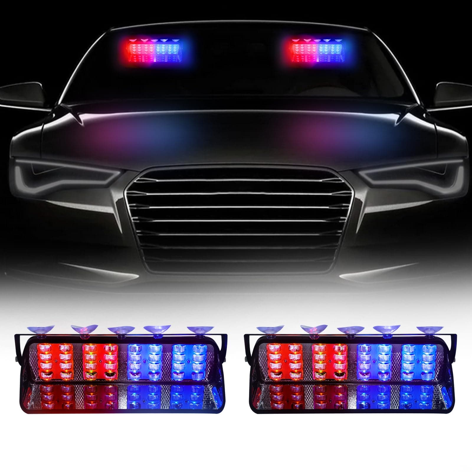 32 * 2 LED Red/Blue Dash Lights Emergency Lights Warning Strobe Lights 17 Modes for Interior Roof/Dash/Windshield with Suction Cups
