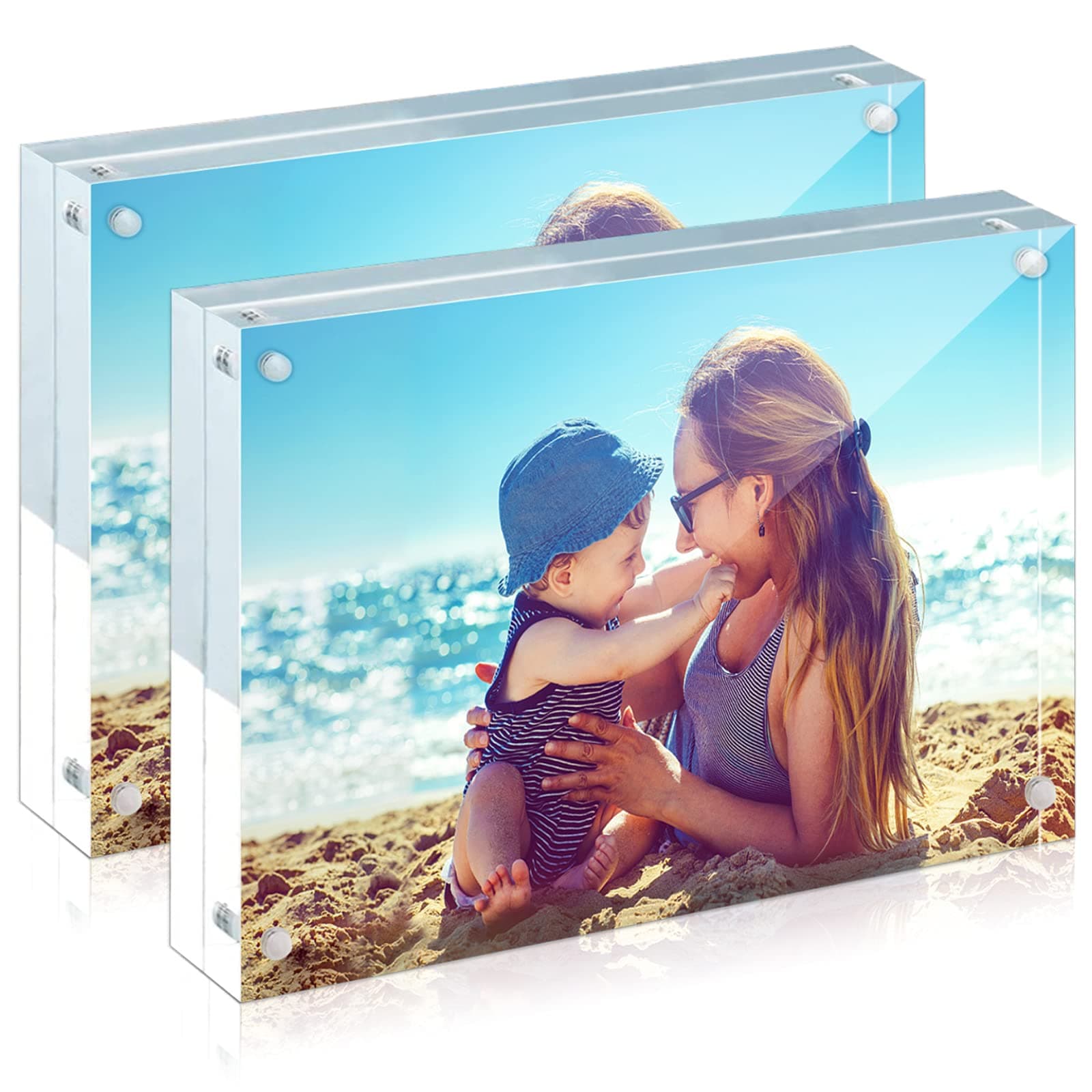 HELPLEX Acrylic Frames, 2 Pack 5x7, 24mm Thicker Frameless Clear Picture Frame, Double Sided Magnetic, Free Standing Desktop Display