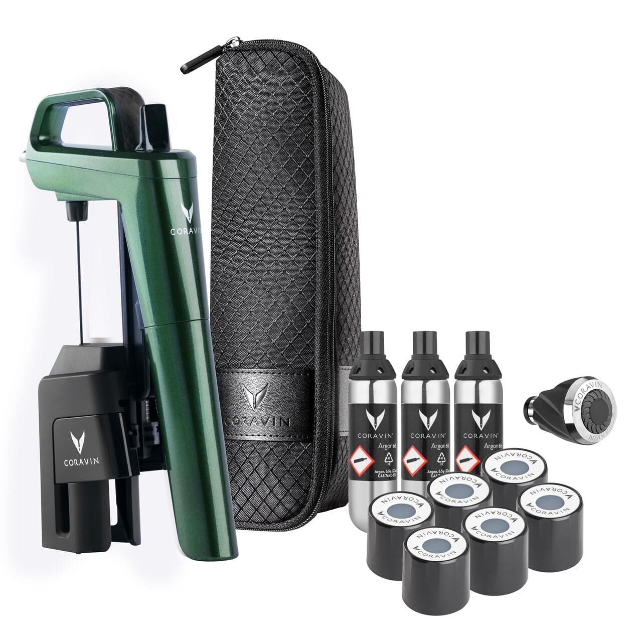 Coravin Timeless Six Plus Wine Preservation System - By-the-Glass Wine Saver - With 3 Pure Argon Gas Capsules, 6 Screw Caps & Wine Aerator - Limited Edition Forest Green