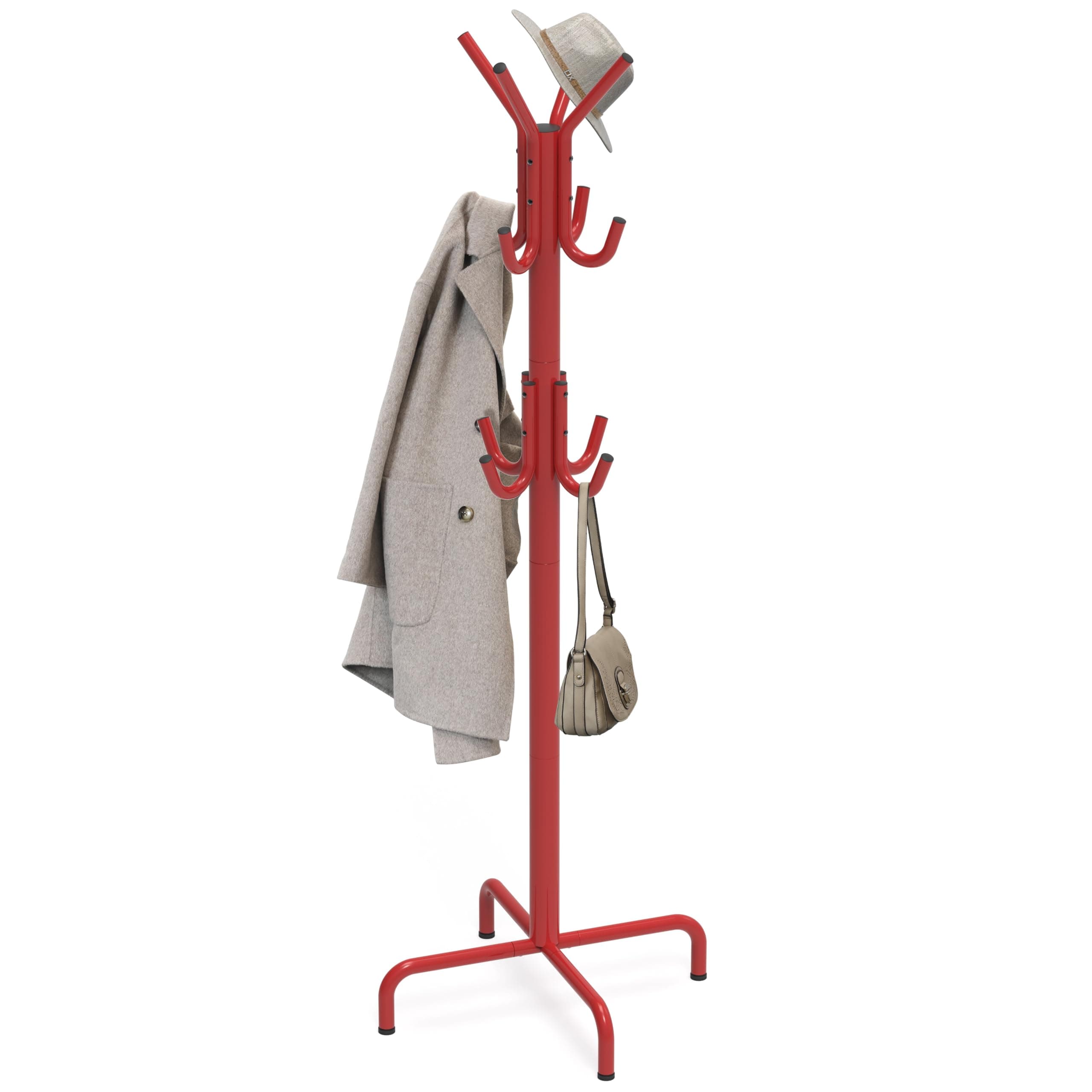 Standing Coat and Hat Hanger Organizer Rack, 12 Hooks, Red