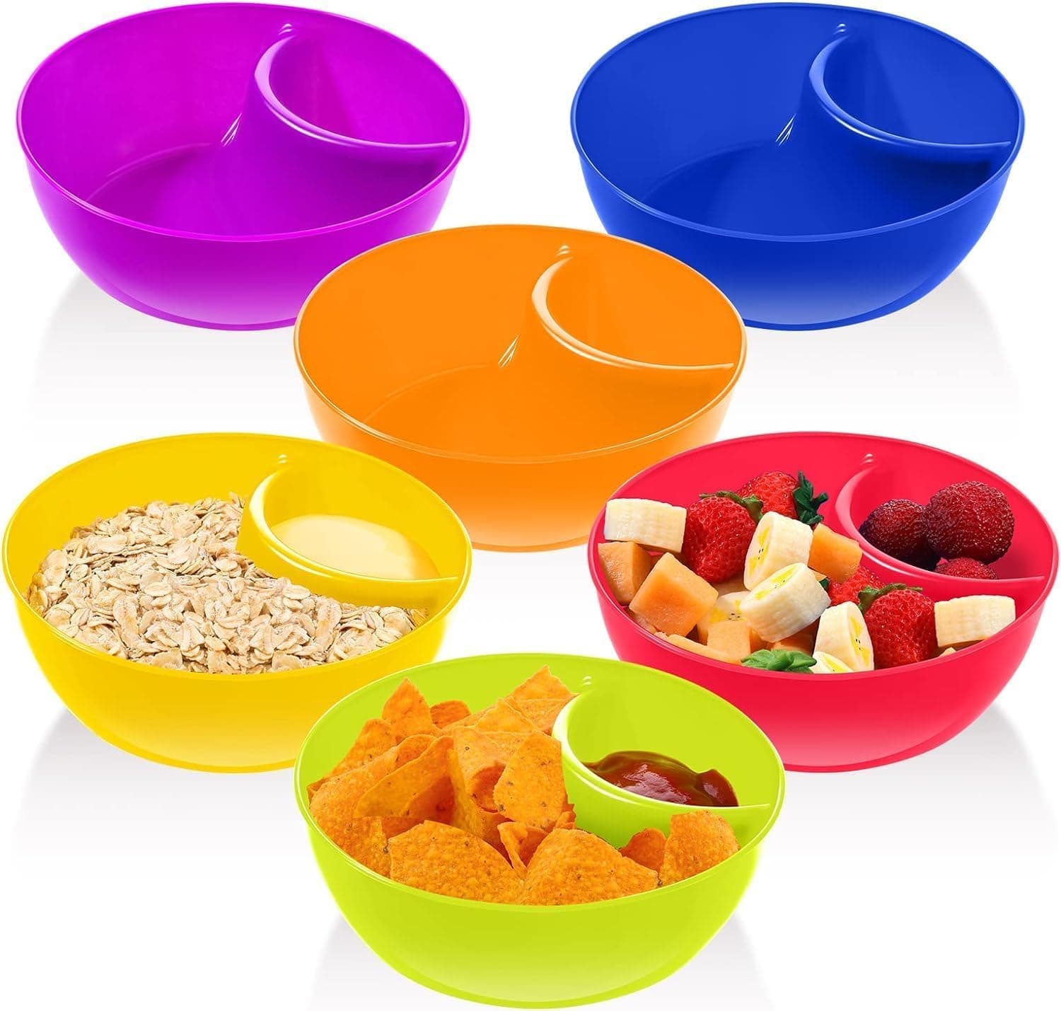 6 Pack Snack and Dip Bowls, Divided Chips Serving Bowls, Anti-Soggy Plastic Stackable Containers, Microwave & Dishwasher Safe, for Chips, Dips, Salsa, Salad, Nuts, 6 Colors