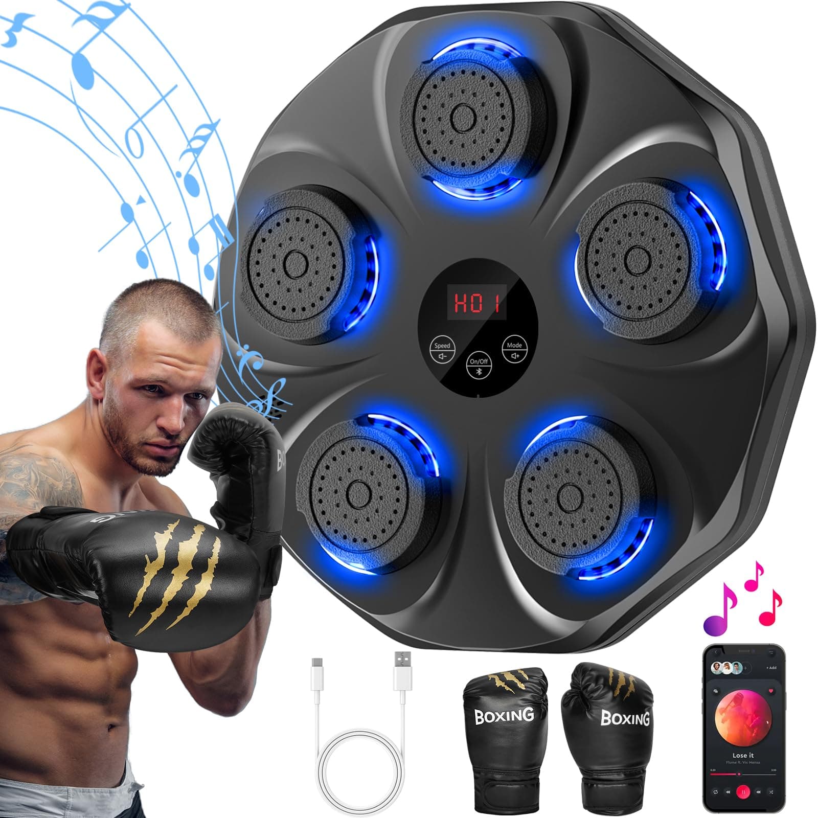 Music Boxing Machine, Interactive Punching Trainer with Boxing Gloves, Large Size Wall Mounted Electronic Boxing Target for Adults Kids, 9 Modes & 9 Speeds
