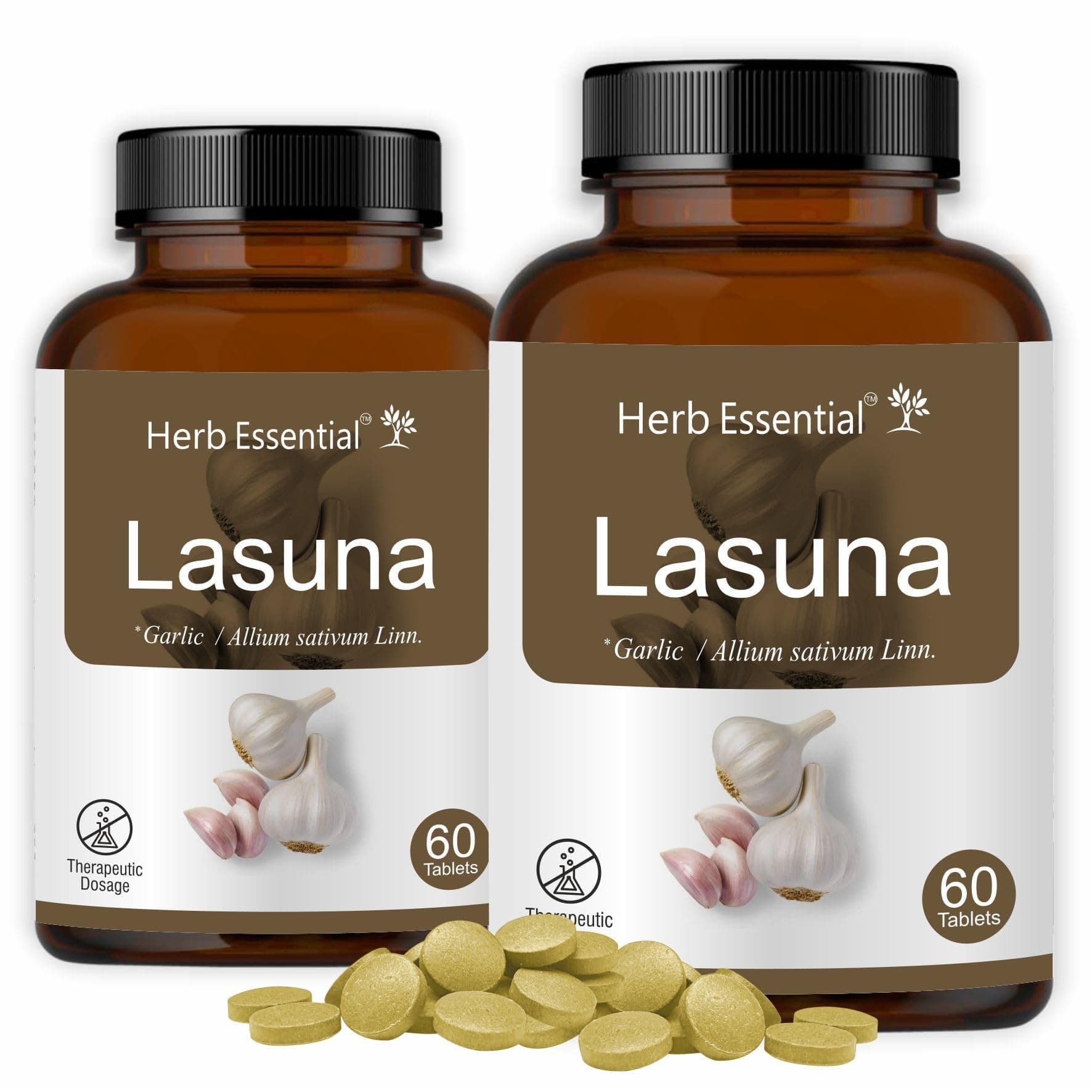 Herb Essential Lasuna (Garlic) Tablets 500mg - 2 x 60 tablets, 120 Tablets| Heart & Cardiovascular Health, Blood Pressure & Cholesterol Support, Immunity, Antioxidant, Digestive & Detox Aid