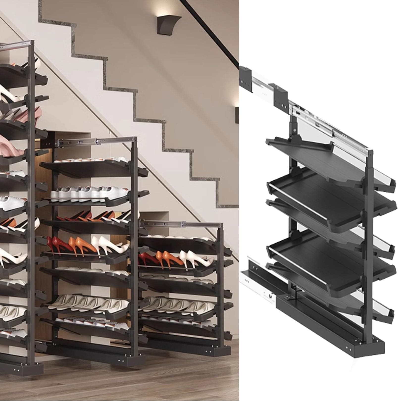 Pull-Out Shoe Rack Organizer for Closet Shoe Cabinet,Adjustable Height Retractable Metal Stackable Shoe Rack, Vertical Shelf Organizer for Small Bedroom Closet, Space Saving Storage, Black(45cm,5 Tier