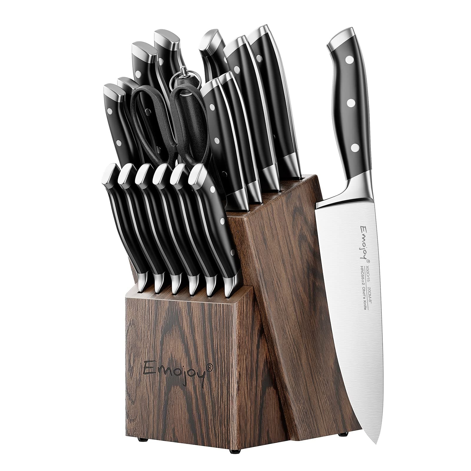 Knife Set, Emojoy 18-Piece Kitchen Knife Set with Block Wooden, Manual Sharpening for Chef Knife Set, German Stainless Steel