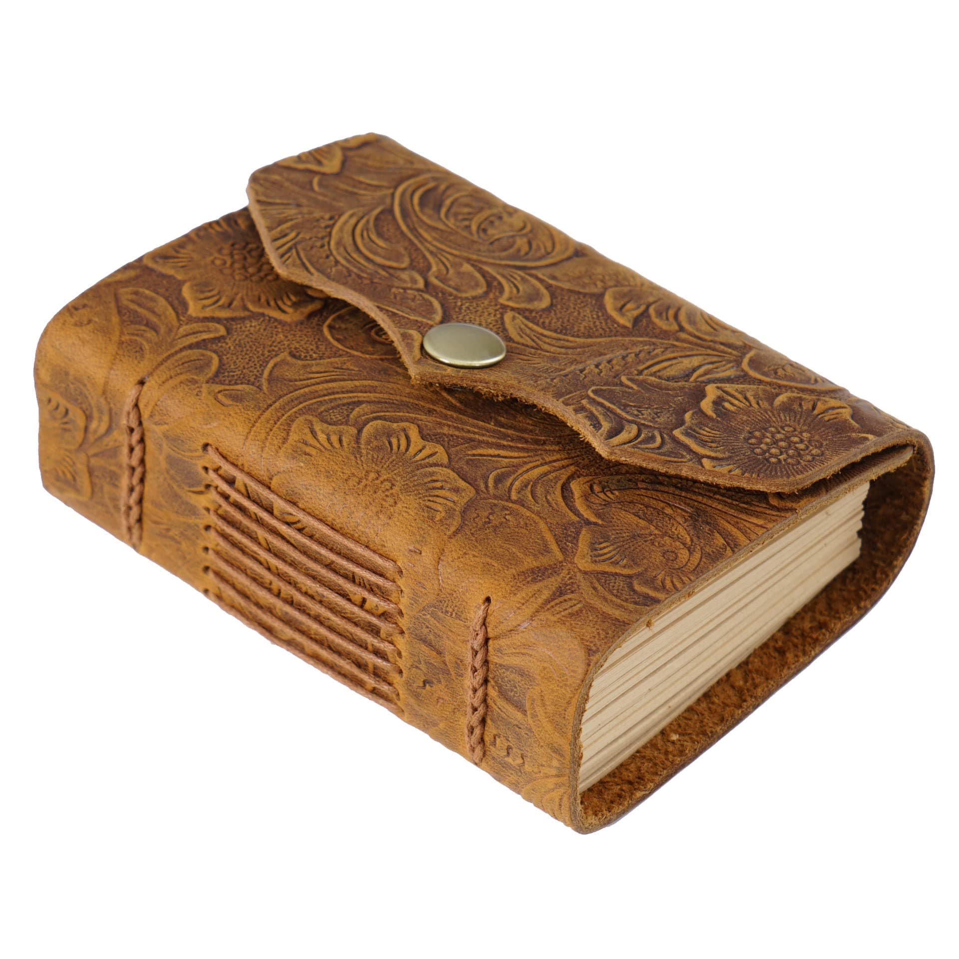 Leather Journal Notebook, 4.3"X3" Pocket Notebook, 320 Pages Kraft Paper Embossed Journal Diary, Small Leather Journal for Writing, Mini Handmade Unlined Leather Scrapbook, Gift for Women Men