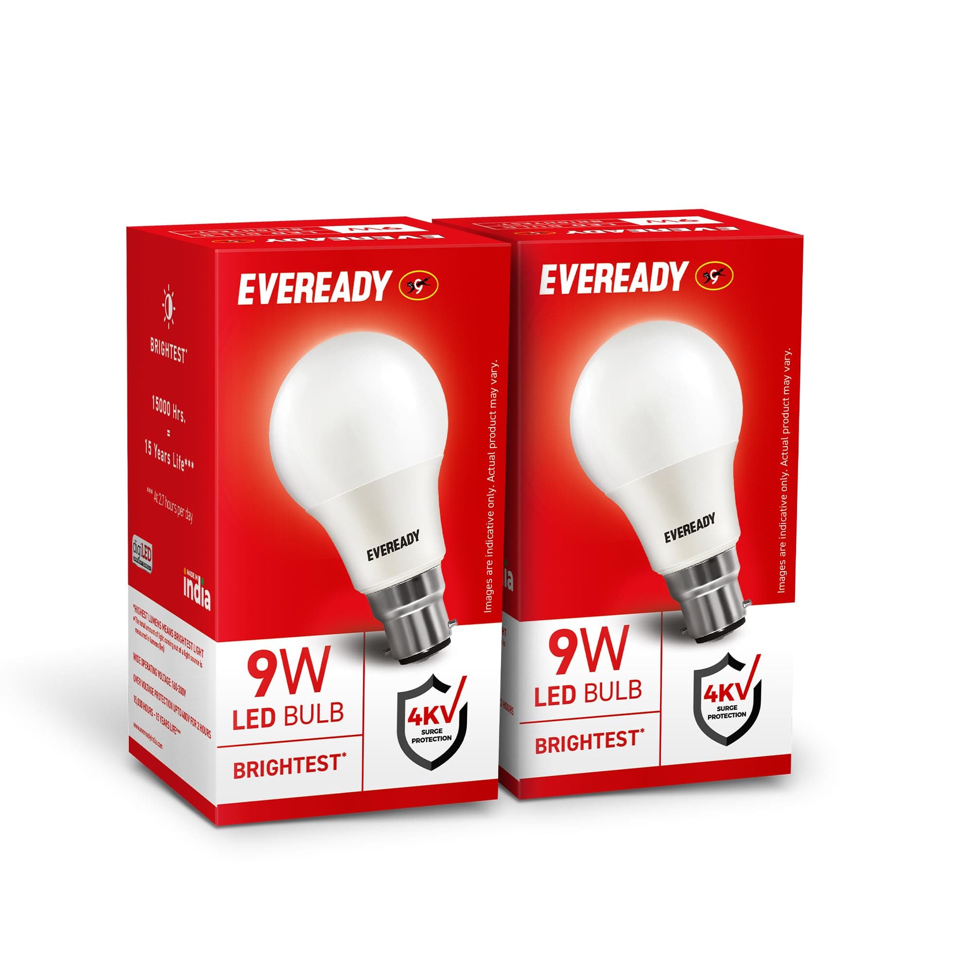 Eveready 9W LED Bulb, Cool Day Light (6500K), B22 Base, Energy-Efficient, 4kV Surge Protection, Long-Lasting Durability - Pack of 2