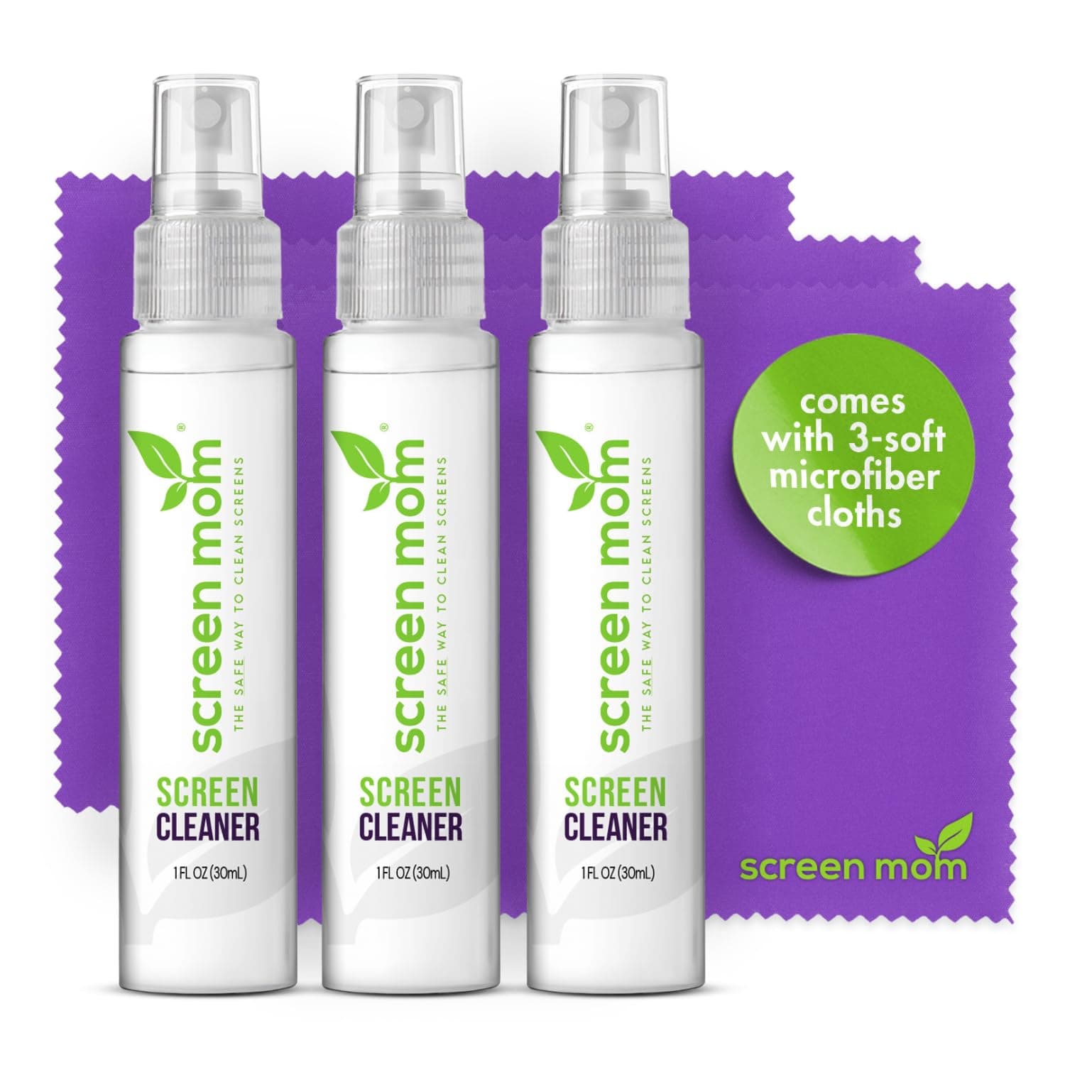1oz Screen Cleaner Spray 3 Pack - for Laptop, Computer Monitor, Phone Cleaner, iPad, Eyeglass, LED, LCD, TV - Includes 3 1oz Spray and 3 Purple Cleaning Cloths