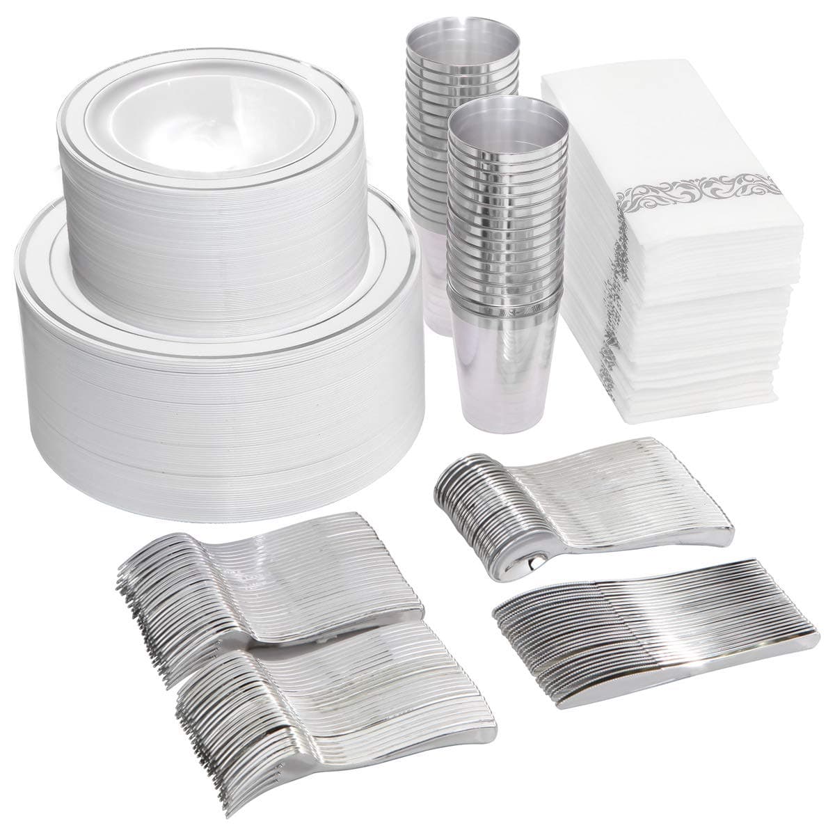 I00000 700 Piece Silver Dinnerware Set for 100 Guests-100 Dinner Plates, 100 Dessert Plates, 100 Disposable Cups 10 oz, 100 Paper Napkins, 100 Plastic Silverware Set Perfect for Party & Wedding