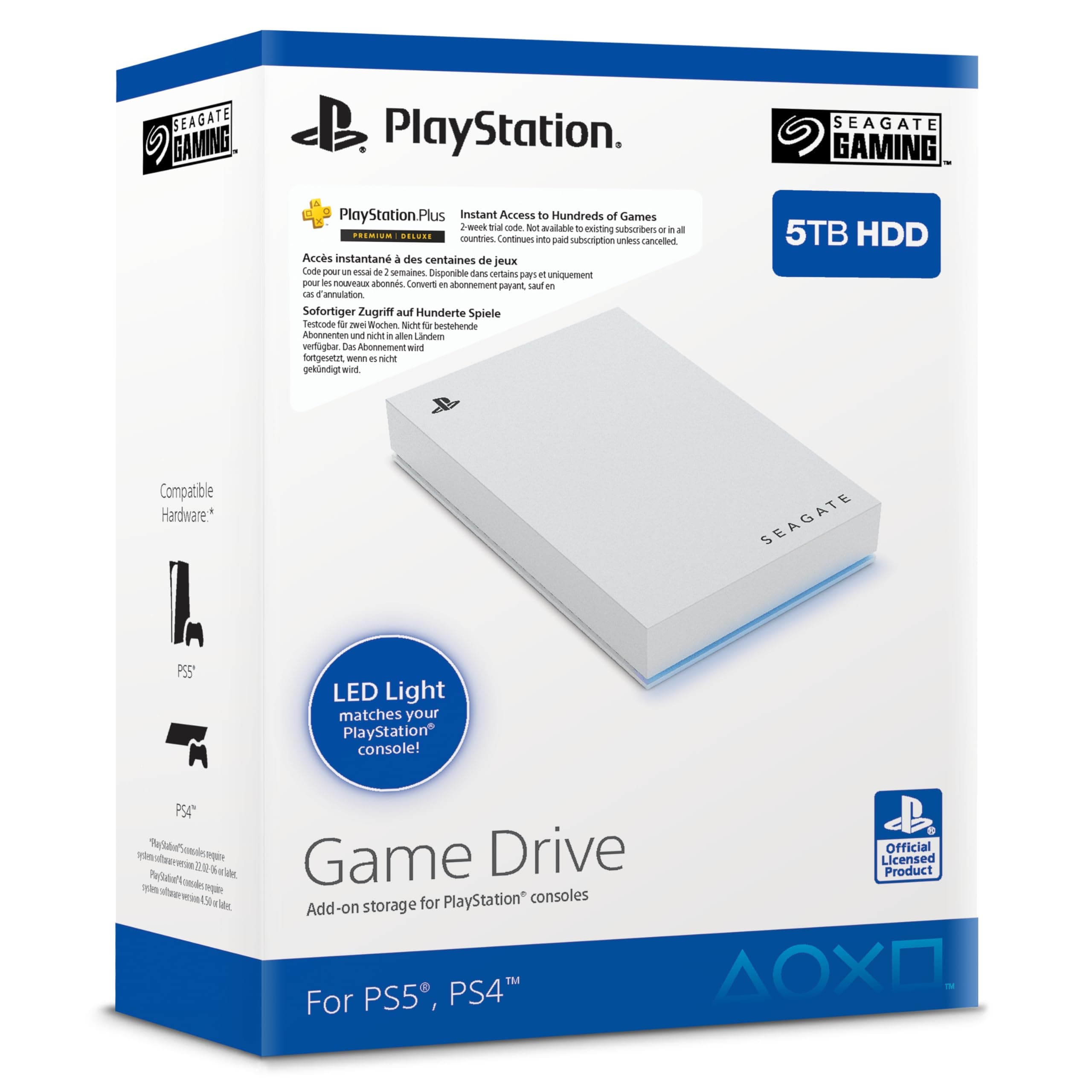 Seagate Game Drive for PS4/PS5, 5 TB, External HDD, 2.5", USB 3.0, Officially Licensed, Blue LED, inkl 2 veckors Playstation+ (STLV5000202)