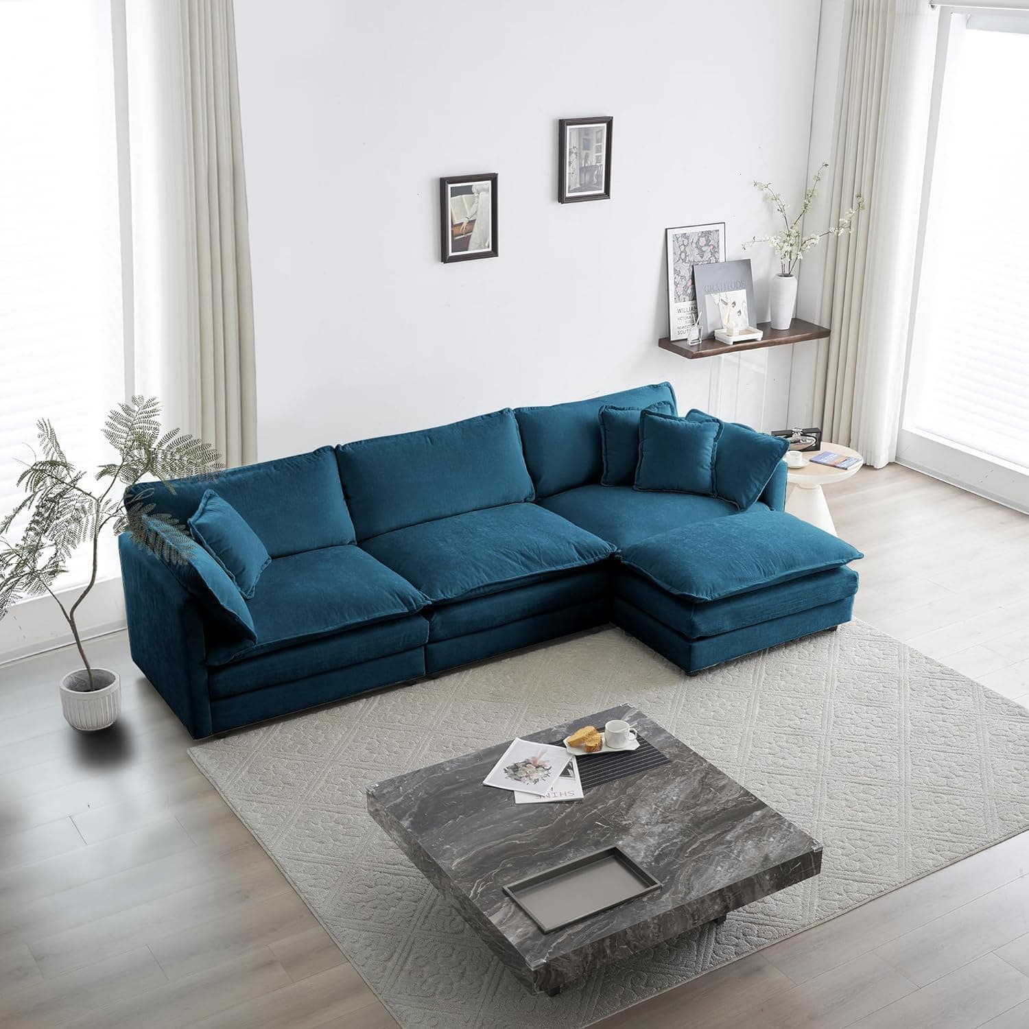 Comfynest L Shape Teddy Sofa Modern Nordic Style Sectional Couch For Small Living Rooms (Blue)