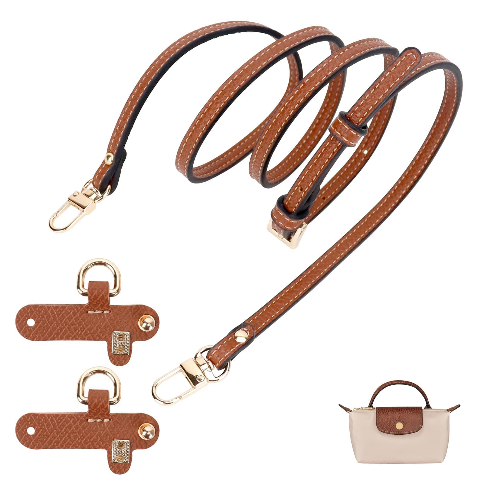 Longchamp Strap, Punch-Free, Adjustable Buckle Design for Longchamp Mini, Handbag Strap, Brown Leather