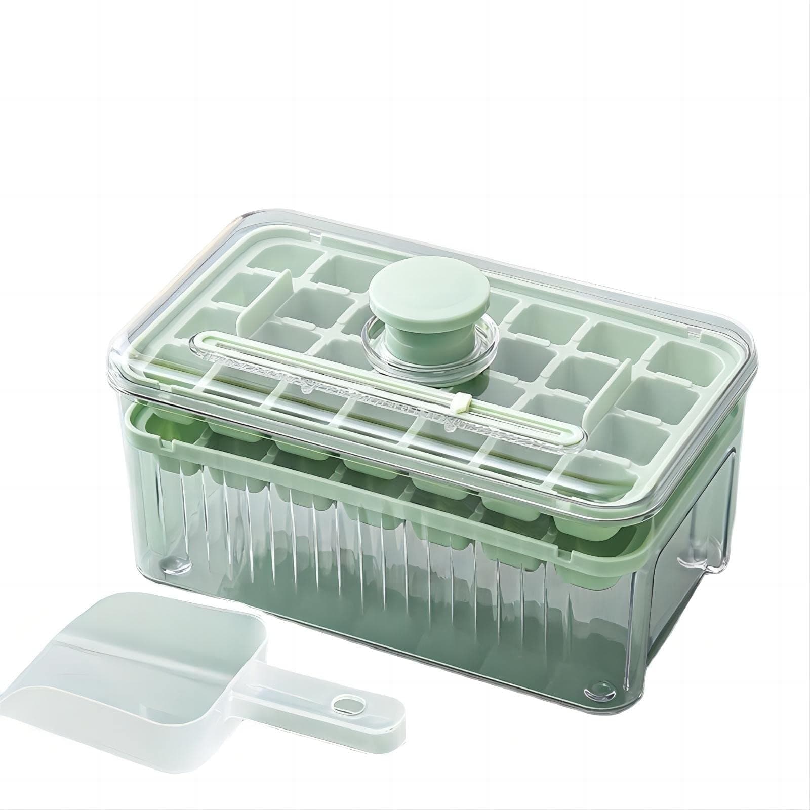 COOLBABY Press-and-Release Ice Cube Mold with Storage Box,Ice Cube Tray with Lid and Bin,2 Pack Ice Cube Trays for Freezer, 56 Pcs Ice Cube Mold, and Ice Scoop Included (Green)