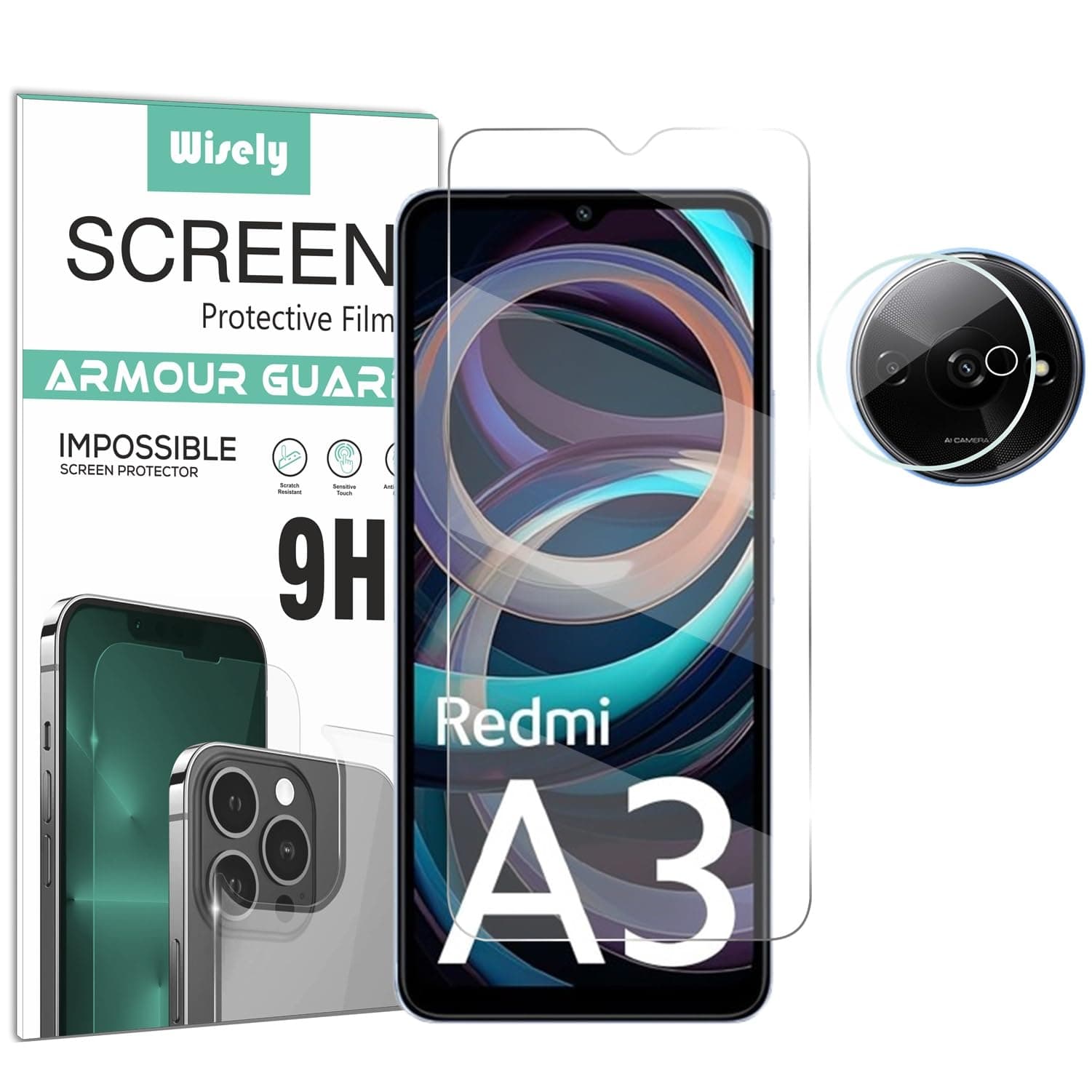 Wisely 2in1 Impossible Unbreakable Camera Lens Nano Glass + Front Guard Screen Protector for Redmi A3 Anti Scratch Flexible Screen Guard HD Clear