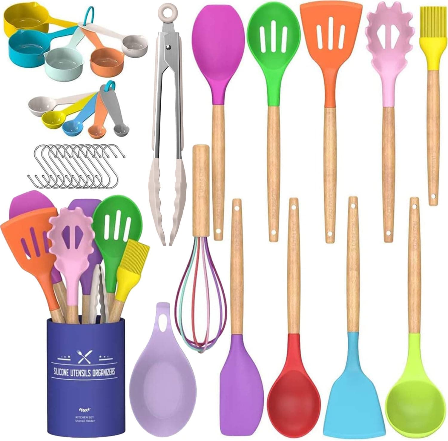 Kitchen Cooking Utensils Set, 33 pcs Non-stick Silicone Cooking Kitchen Utensils Spatula Set with Holder, Wooden Handle Silicone Kitchen Gadgets Utensil Set (Colorful)