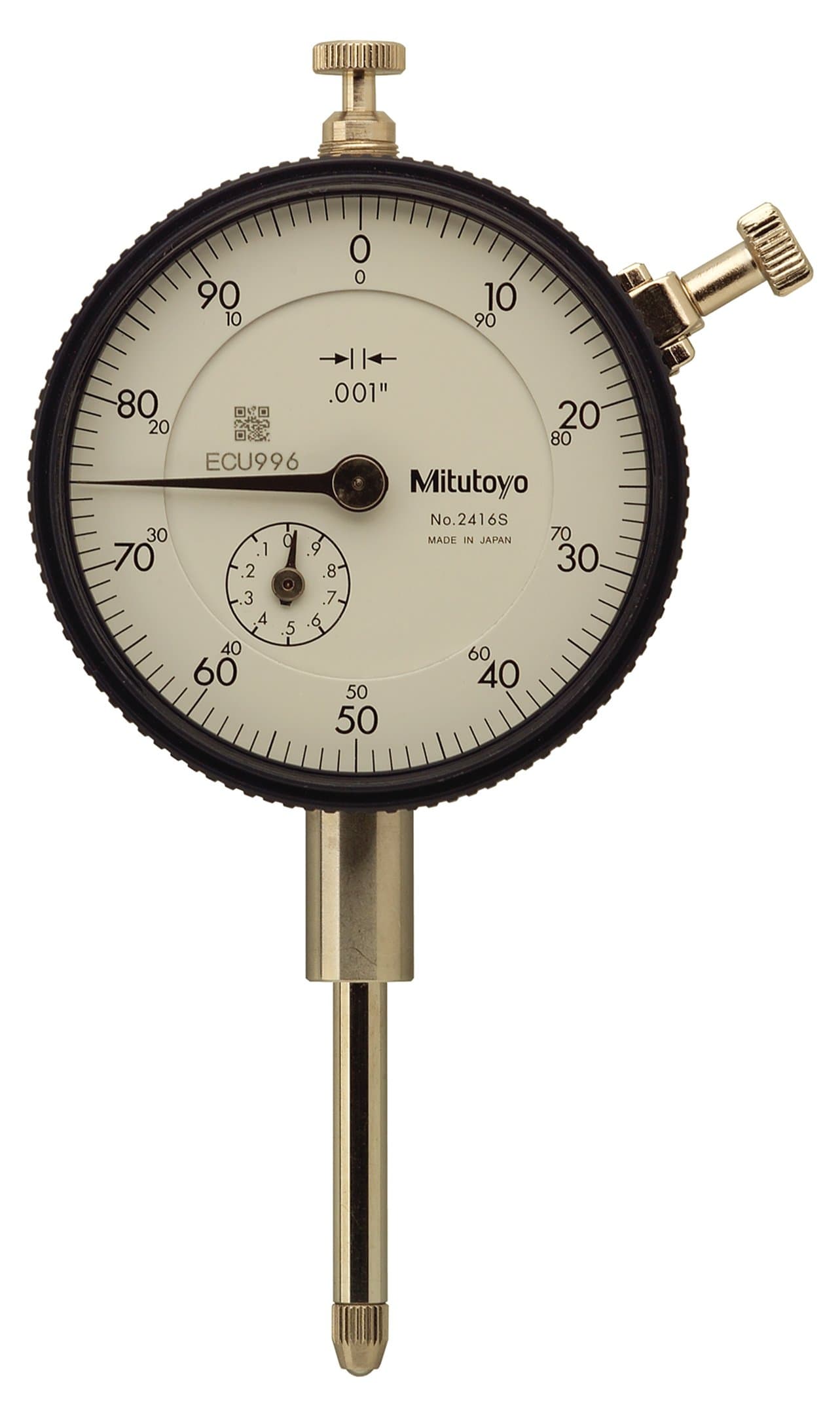 Mitutoyo 2416S-10 Dial Indicator, #4-48 UNF Thread, 3/8" Stem Dia., Lug Back, White Dial, 0-100 Reading, 57mm Dial Dia., 0-1" Range, 0.001" Graduations, +/-0.002" Accuracy