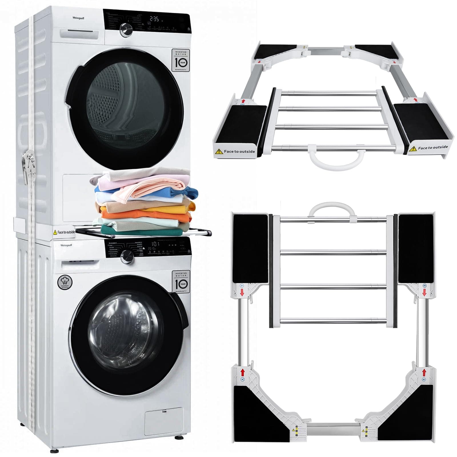 Universal Stacking Kit for Washer and Dryer, Adjustable Washer Dryer Stack Stands Fit for 55-73 cm Washing Machine and Tumble Dryers, Washing Machine Stacking Kit with Shelf Washer Dryer Stacking Kit