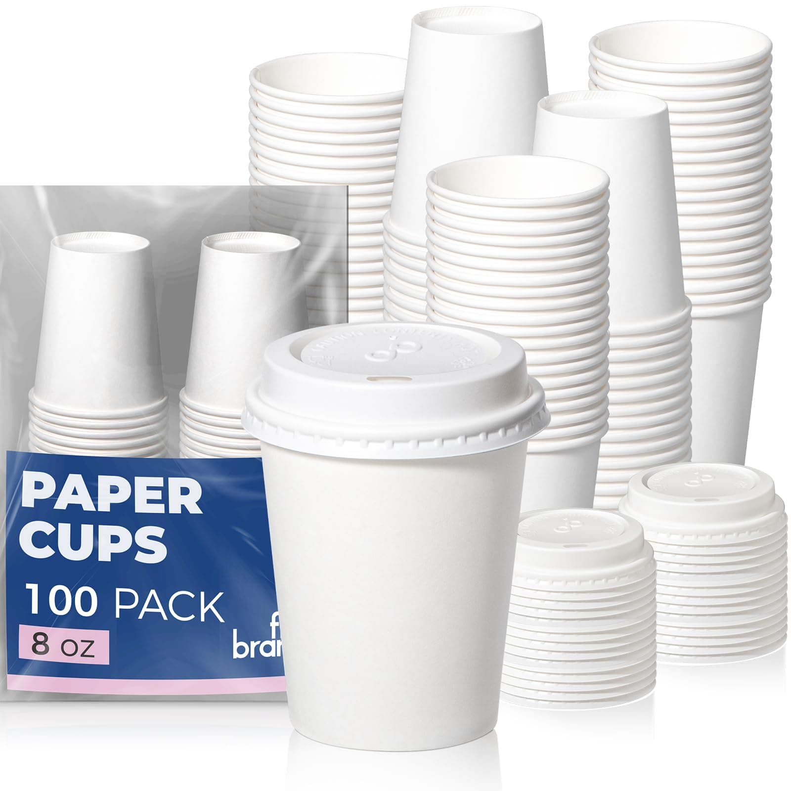 Fit Meal Prep 100 Pack 8 oz Disposable Coffee Cups with Lids, Premium Paper To Go Cups for Hot/Cold Beverages, Leak Proof Travel Cups for Cold/Hot Beverage, Office (White Lids)