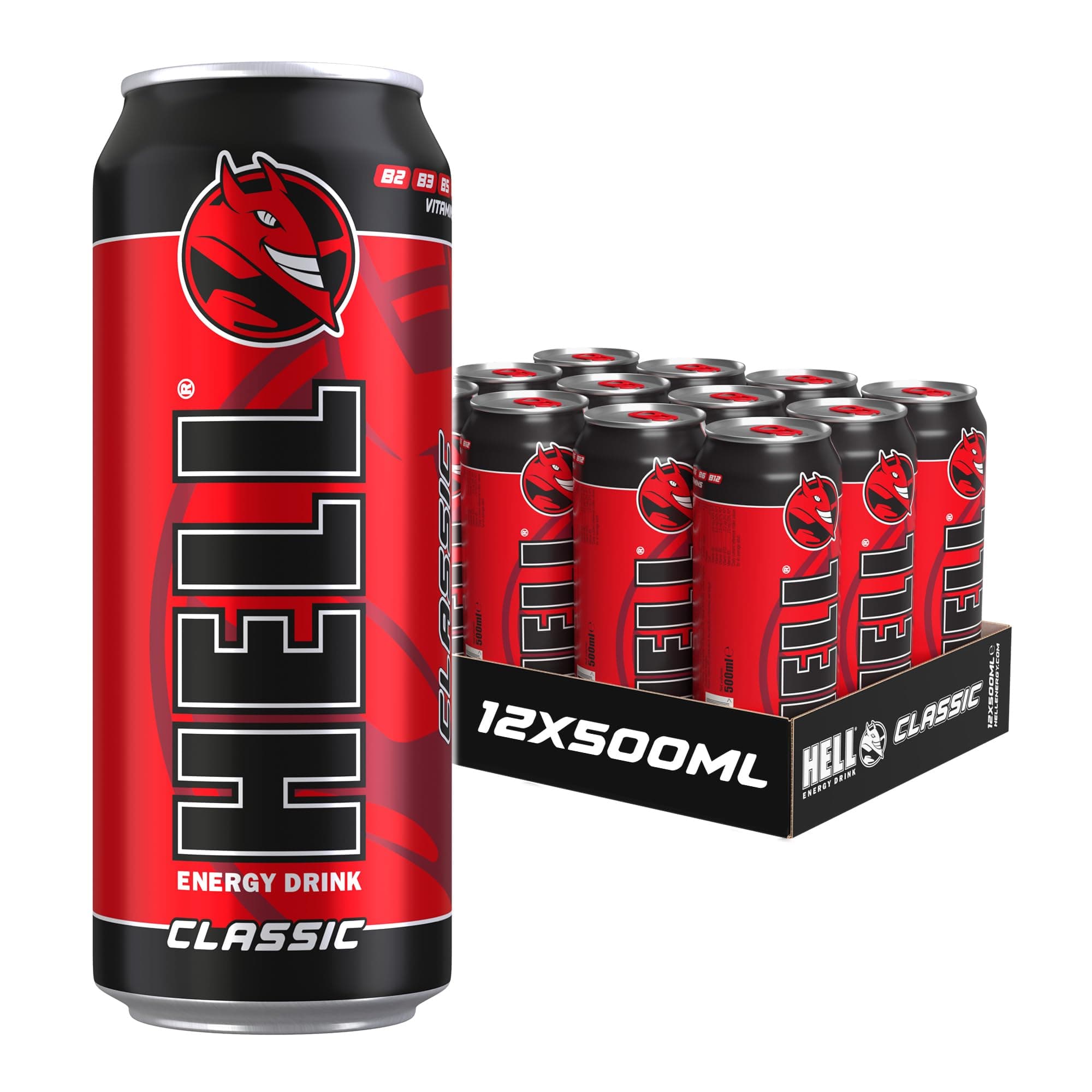 HELL Energy Drink Classic Flavour | 12 x 500ml Cans Multipack | 32mg/100ml Caffeine | Contains Vitamins B2 B3 B5 B6 B12 | Preservative Free | Vegan | Reduce Fatigue & Boost Energy