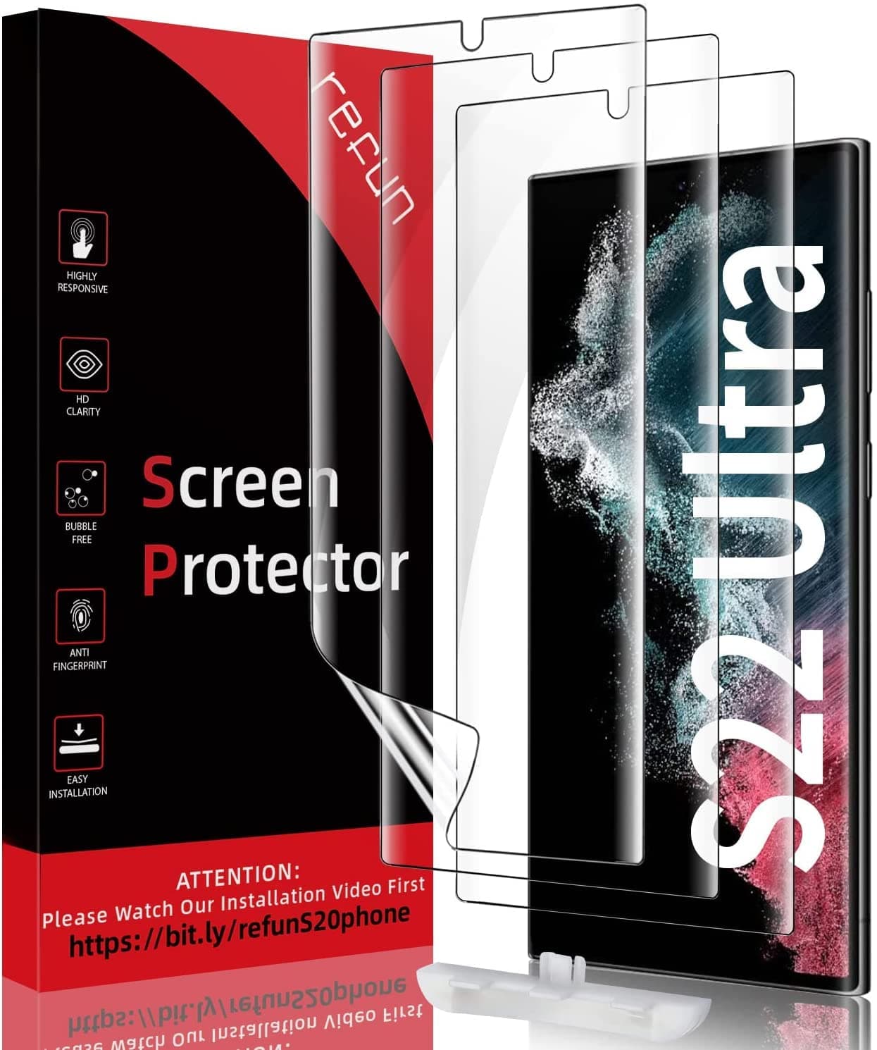 REFUN [3 PACK] Screen Protector for Samsung Galaxy S22 Ultra 5G 6.8 Inch, Easy to Install, Bubble Free, Case Friendly, Support Fingerprint Unlock, Scratch Resistant Flexible Clear TPU Film