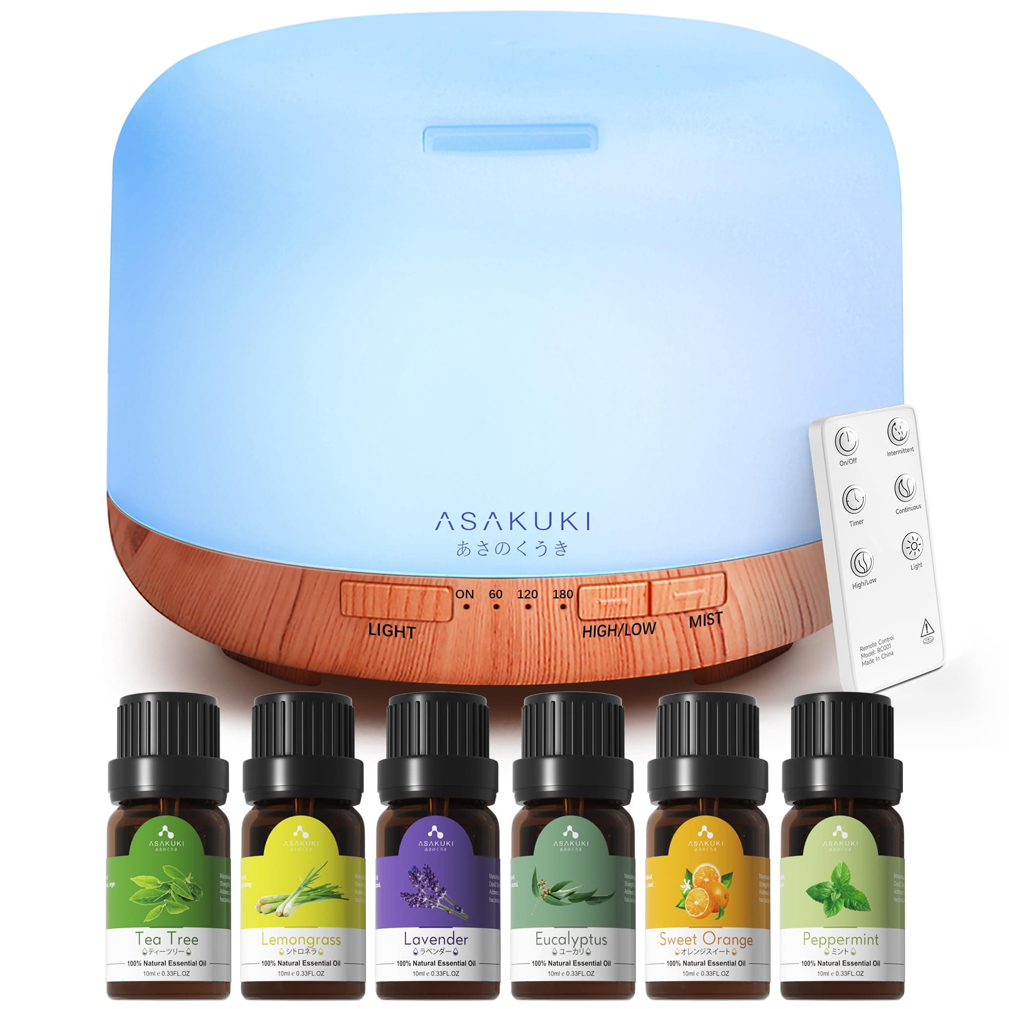 ASAKUKI Essential Oil Diffuser with Essential Oils Set, 500ml Aroma Diffuser with 7 LED Colors and Auto Shut-Off