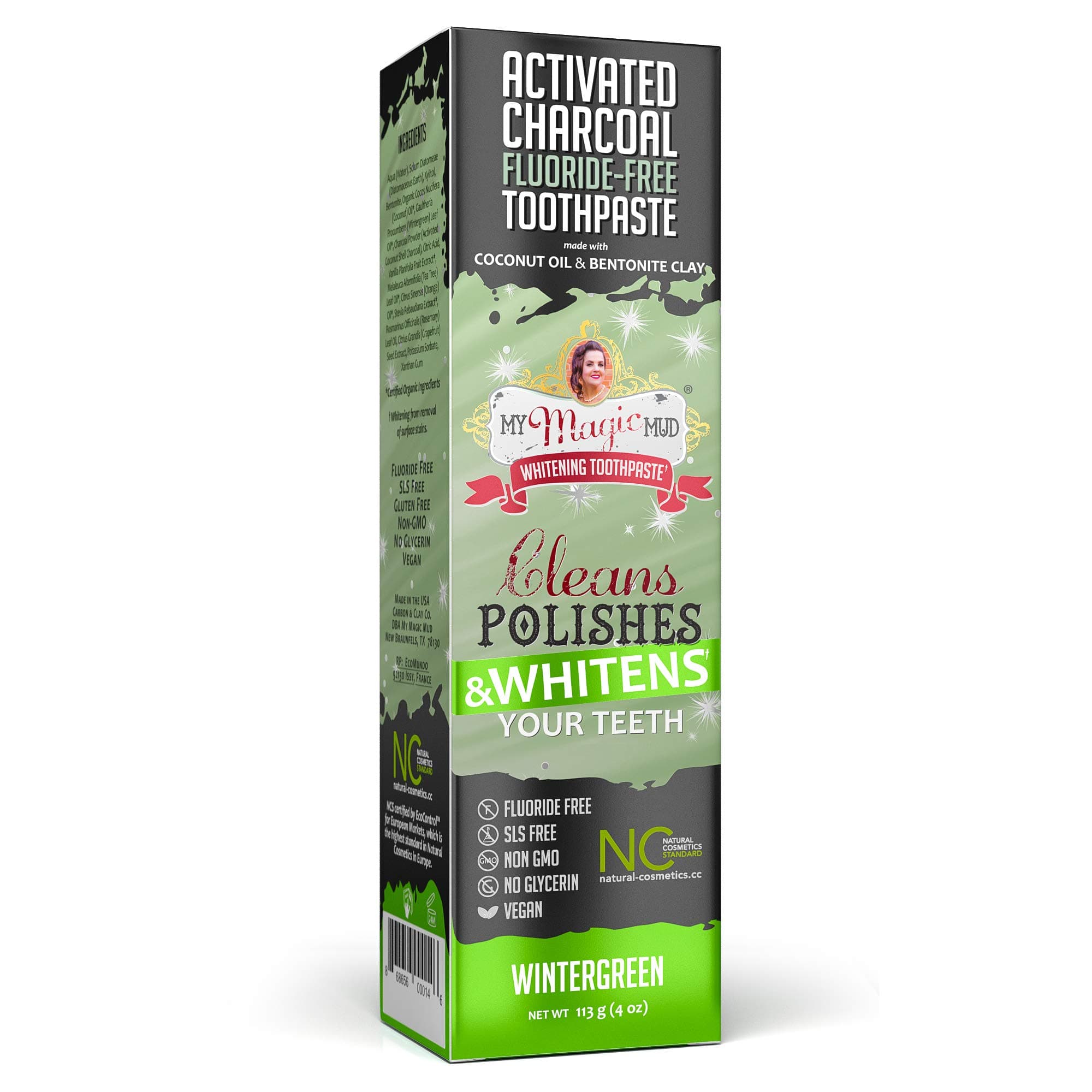 My Magic Mud Charcoal Teeth Whitening Toothpaste, Verified Enamel Safe & Clinically Proven, Organic Coconut Oil, Essential Oils, Fluoride-Free, Vegan, Black Tooth Paste, (4oz) (Wintergreen, 1-Pack)