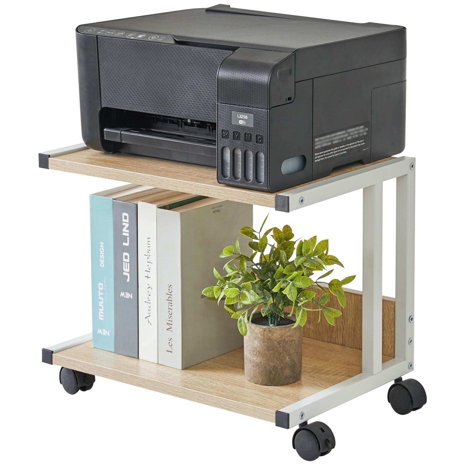 IBUYKE Under Desk Printer Stand,2 Tier Printer Cart,Mobile Home Desktop Organizer Shelf with 4 Wheels,for Fax, Home Office Use TLJ007R
