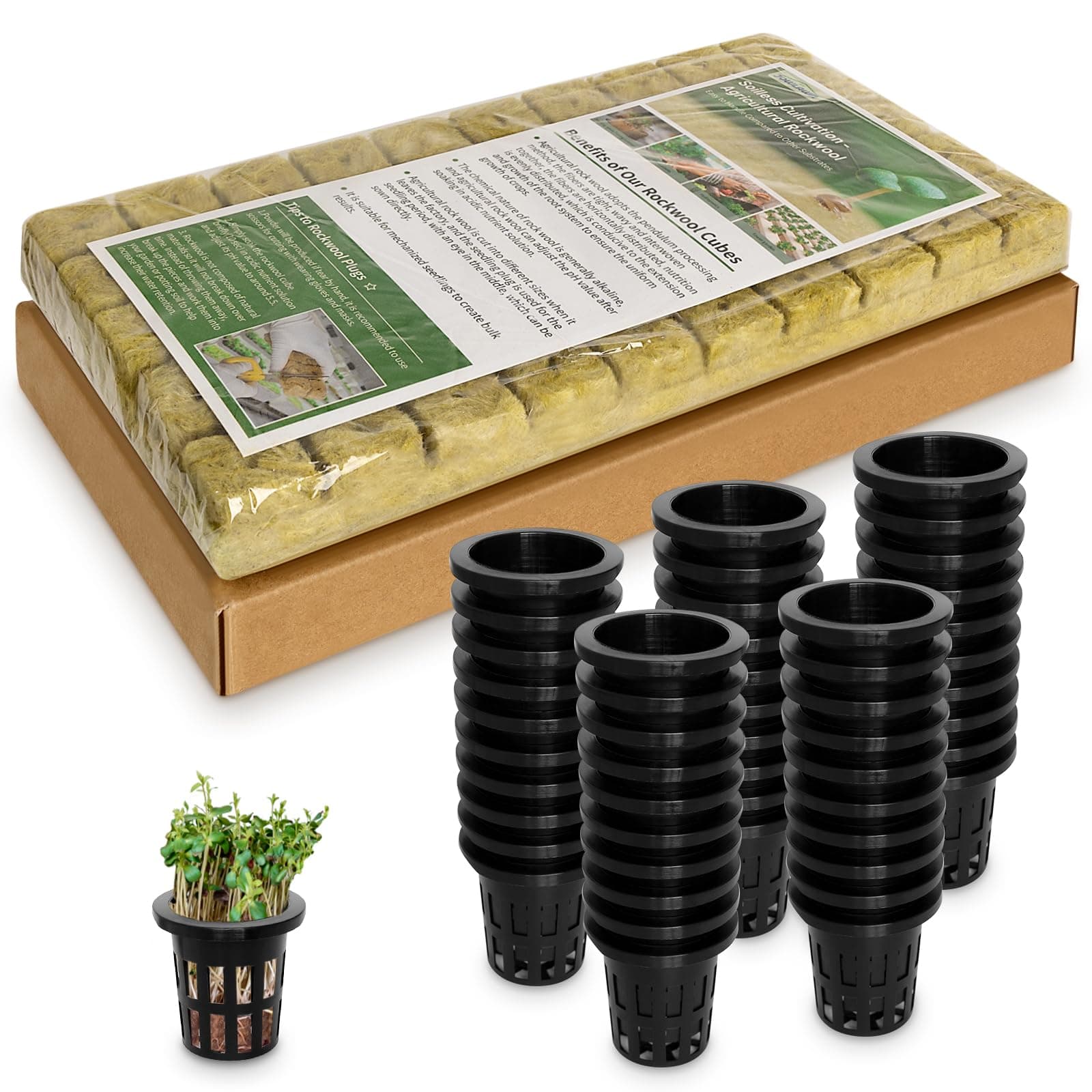 1" Rockwool Cubes for Hydroponics 50 Plugs with 50 Pack 1.5 inch Net Pots Hydroponics Supplies Cups for Rooting, Clone Plants, Starting Seeds, Ideal Rockwool for Hydroponic Growing