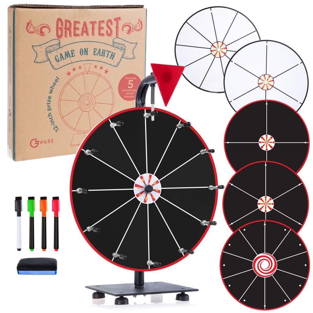 GLWare 12" 5-in-1 Tabletop Prize Wheel - Smooth Spinning Dry Erase Wheel for Game Prizes with 5 Black & White Wheels, Marker Pen & Eraser - Win Fortune Carnival Raffle Games