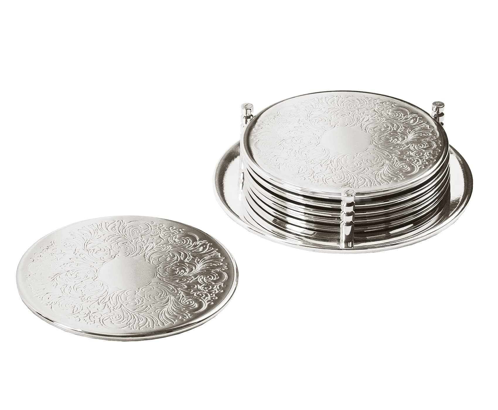 Edzard coaster Bruges, silver plated, tarnish protected, diameter 3,5 in, set of 6 + holder