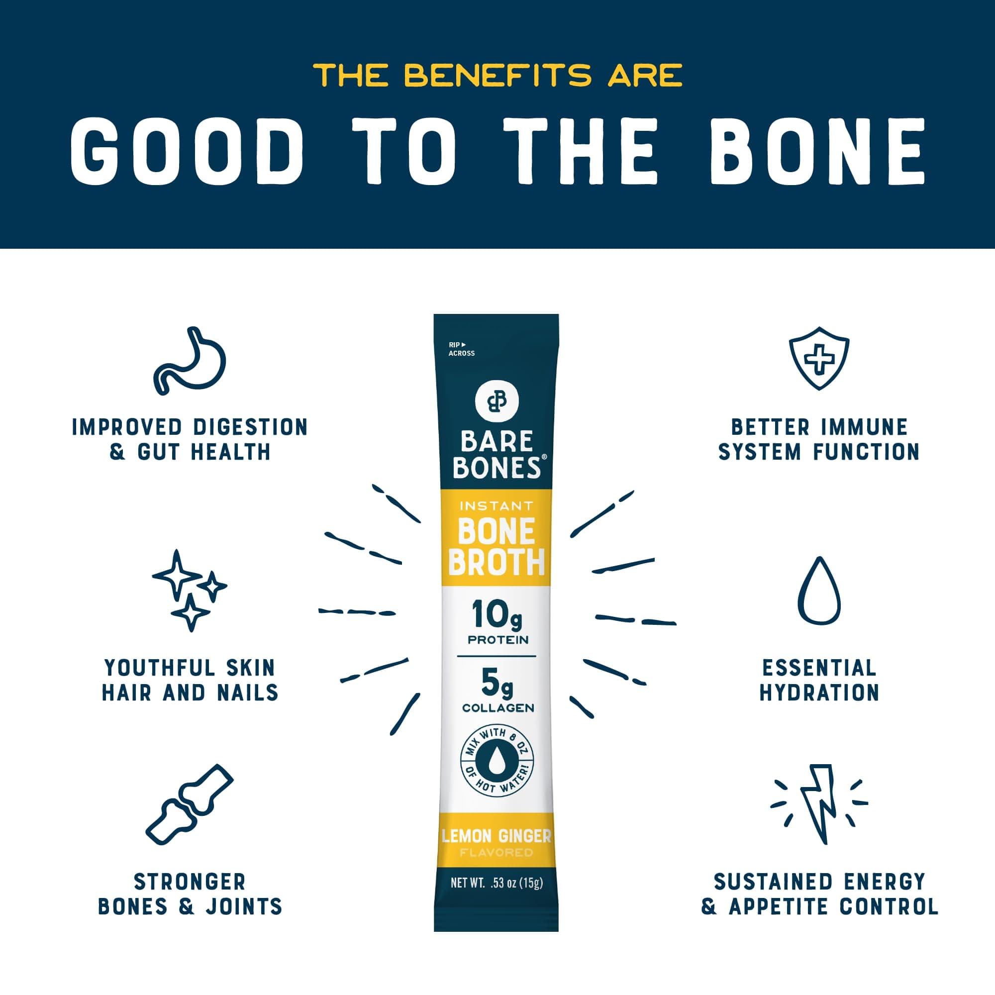 Bare Bones Bone Broth Instant Powdered Beverage Mix, Lemon Ginger, Pack of 8, 15g Sticks, 10g Protein, Keto & Paleo Friendly, Non-GMO, Gluten-Free, Soy-Free, Dairy-Free