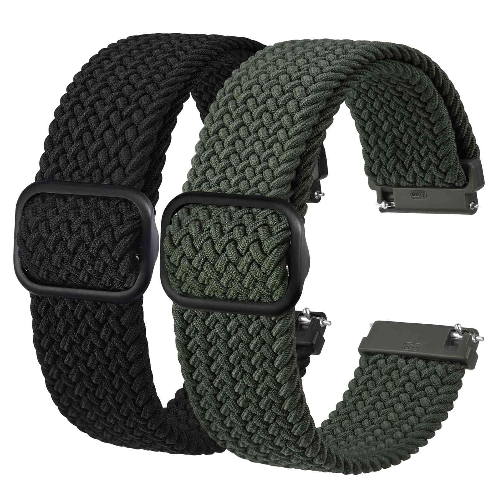 BISONSTRAP 2 Pack Braided Nylon Watch Bands, Upgrade Adjustable Buckle, Stretchy Loop Straps for Men and Women, Band Width 16mm 18mm 19mm 20mm 22mm 24mm