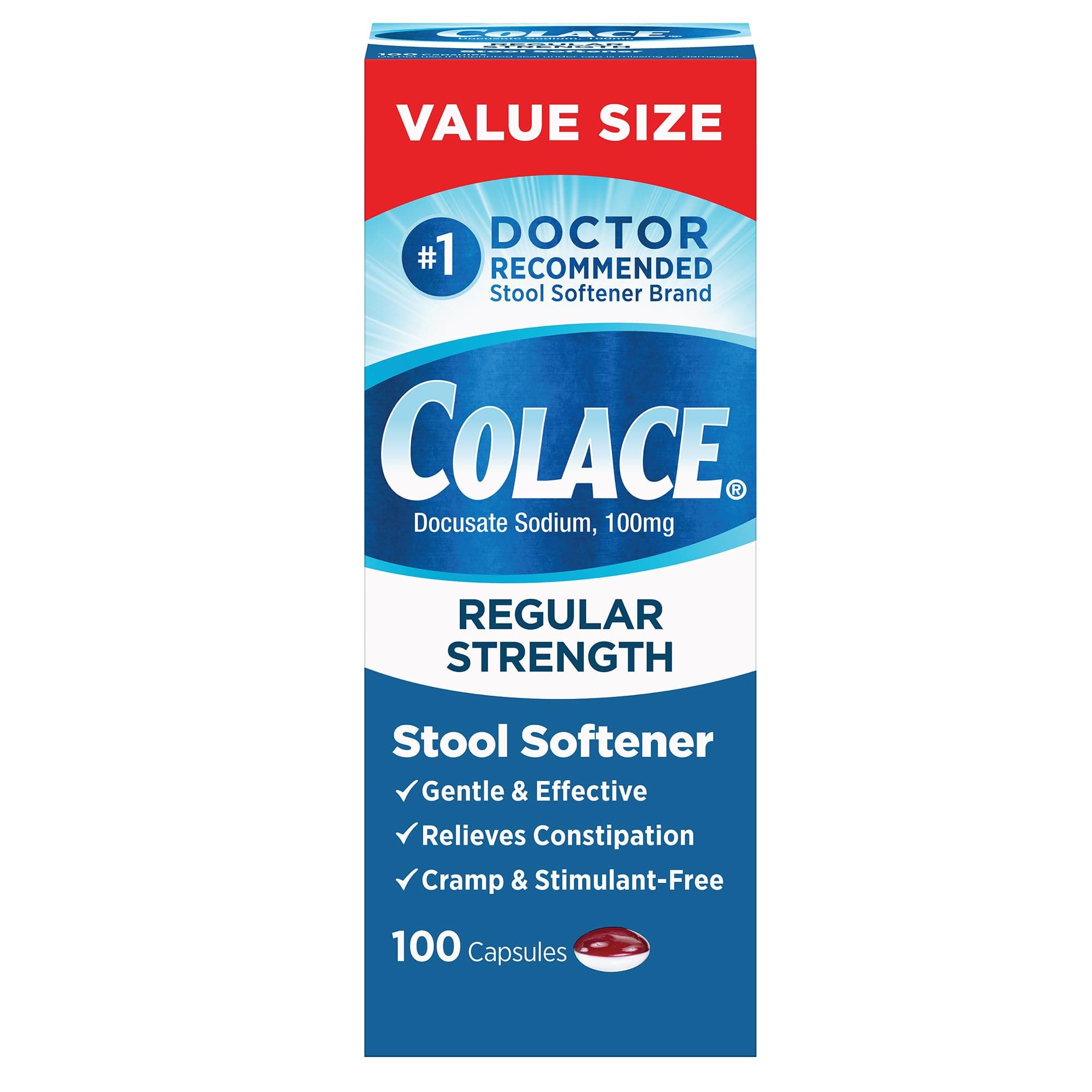 Regular Strength Stool Softener 100 mg Capsules 100 Count Docusate Sodium Stimulant-Free for Gentle, Dependable Occasional Constipation Relief