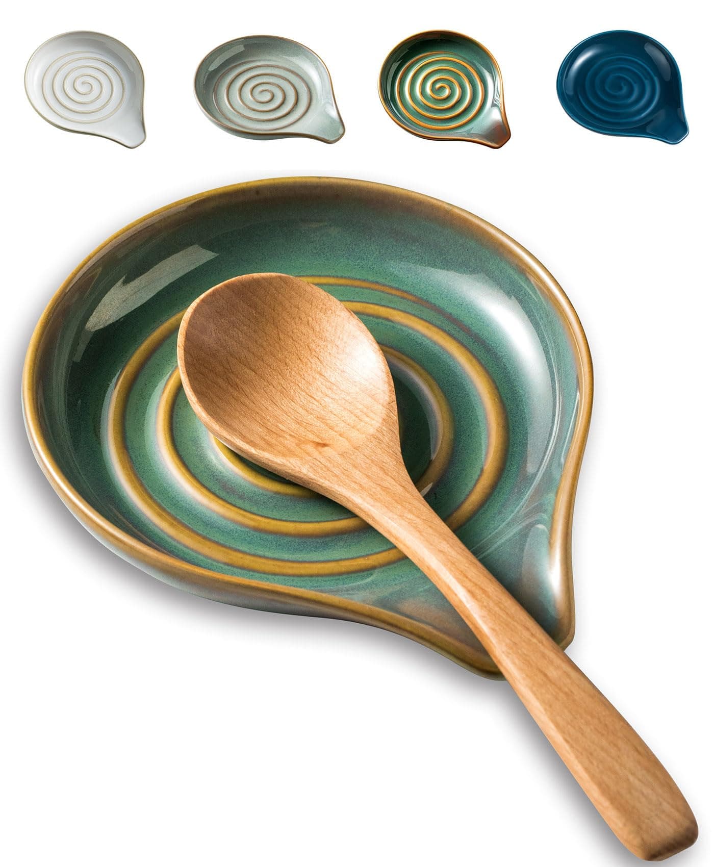 Spoon Rest for Kitchen Counter,5" Spoon Holder for Kitchen Counter Stove Top Ceramic Spatula Holder for Ladle, Spatula, Spoons or Tongs, Framhouse Decor, Unique Green, SY270-CD