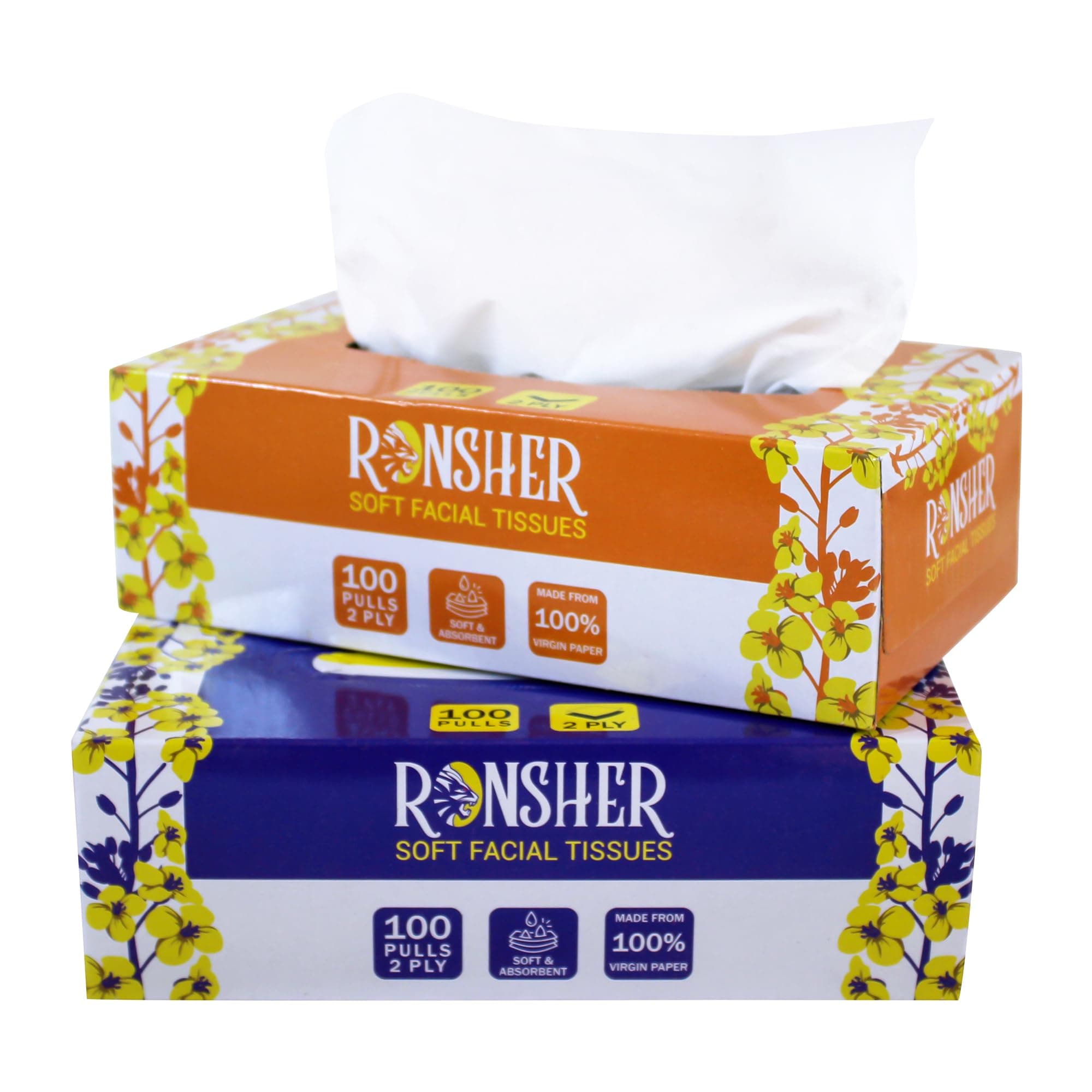 Ronsher | 2 Ply Facial Tissue Paper Box | 100 Pulls | Pack of 2 | OBA-Free | Virgin Paper | Food Safe | Skin-Friendly | Suitable For Bedroom, Bathroom, Office, Cars