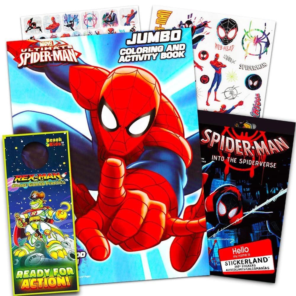 Spiderman Coloring Book Bundle with Spiderman Stickers and Rex-Man Door Hanger
