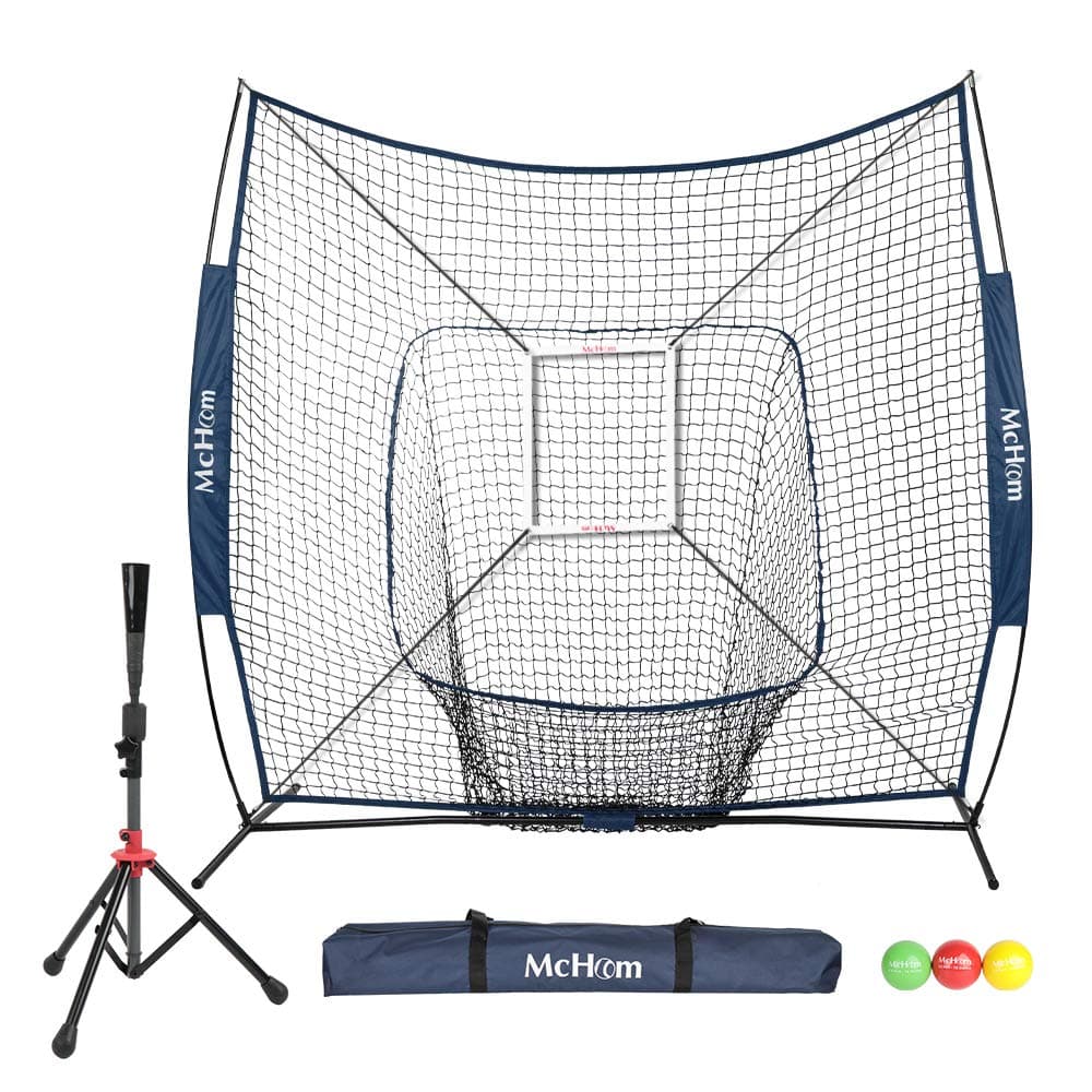 McHom 7' x 7' Baseball & Softball Practice Net Set with Travel Tee, 3 Weighted Balls & Strike Zone for Hitting, Pitching, Batting & Fielding Practice | Collapsible and Portable