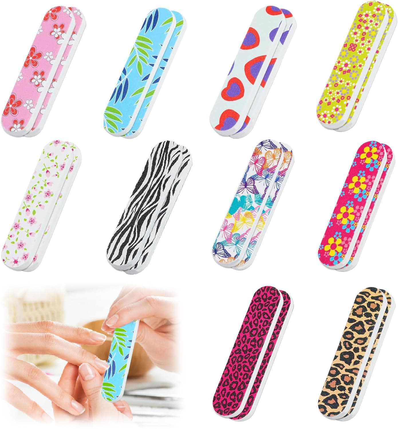 VIKKI 20PCS Professional Nail Files Double Sided Mini Emery Board 180/240 Grit Washable Nail Files, Colorful Floral Fingernail Buffering Files Manicure Tools Nail Styling Tools Pet Grooming Tools
