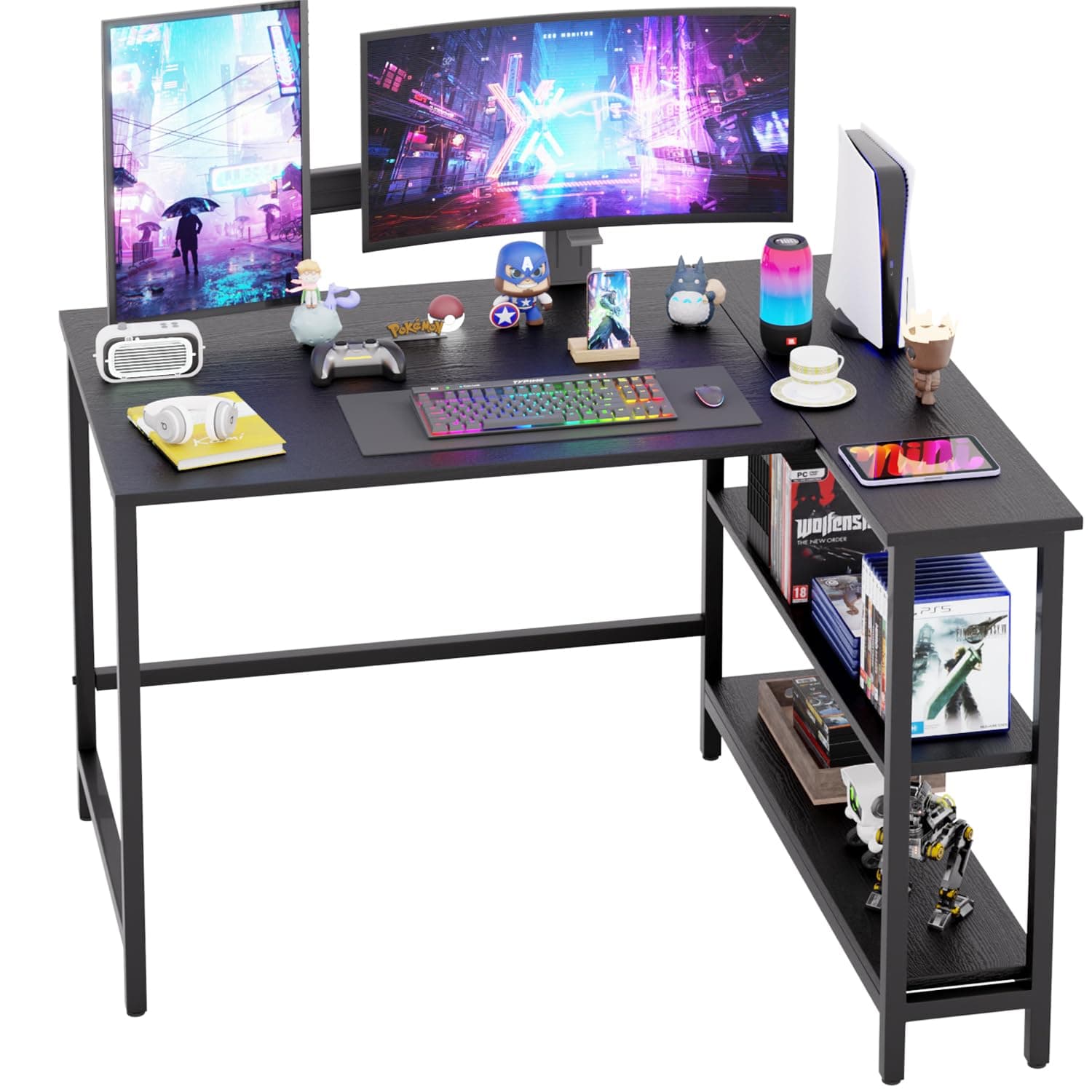 PayLessHere 43 Inch L-Shaped Computer Desk,Gaming Desk with Durable Metal Frame,Corner Desk with Reversible Storage Shelves for Home Office Gaming Study,Black (43 inch)