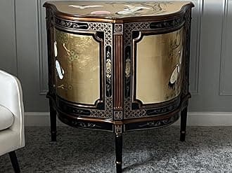 Chinese Furniture - Gold Leaf Half Moon Cabinet in Cranes Design, Oriental Furniture