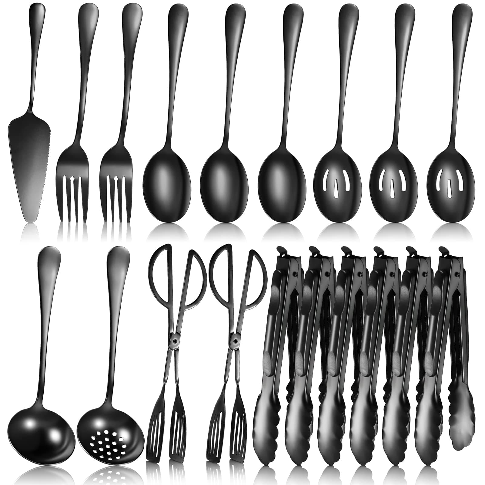 19 Pieces Serving Flatware Set Including Stainless Steel Spatulas, Forks, Spoons, Perforated, Soup, Skimmers Spoon, Buffet Tongs, Heavy Duty Serving Tongs for Home(Black)