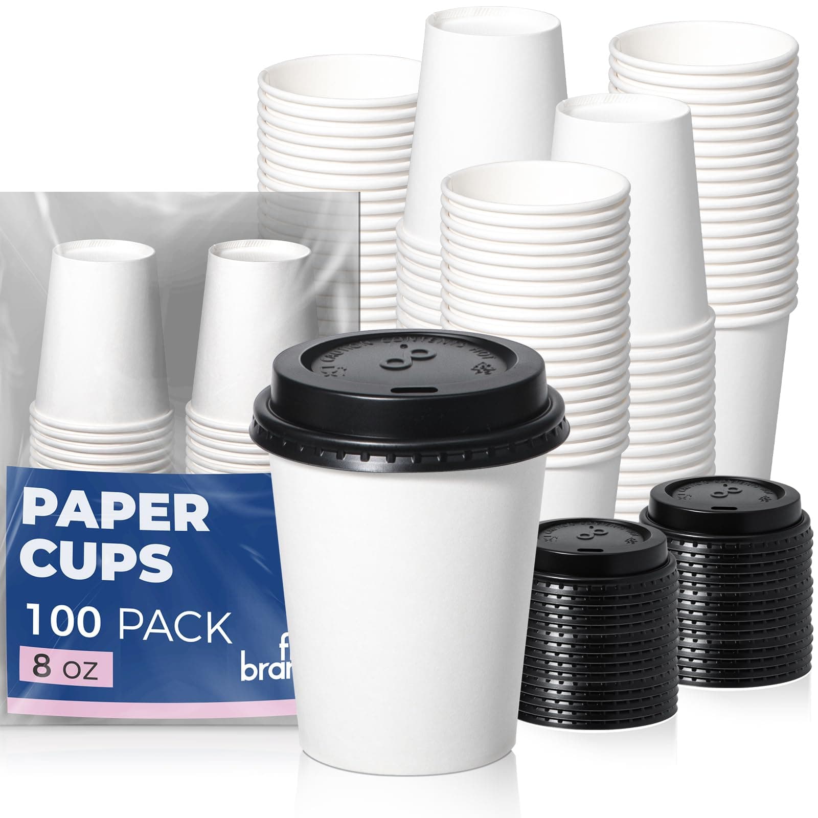 Fit Meal Prep 100 Pack 8 oz Disposable Coffee Cups with Lids, Premium To Go Paper Cups, Leak Proof Hot Coffee Cups with Lids for Travel, Office, Hot/Cold Beverages (Black Lids)