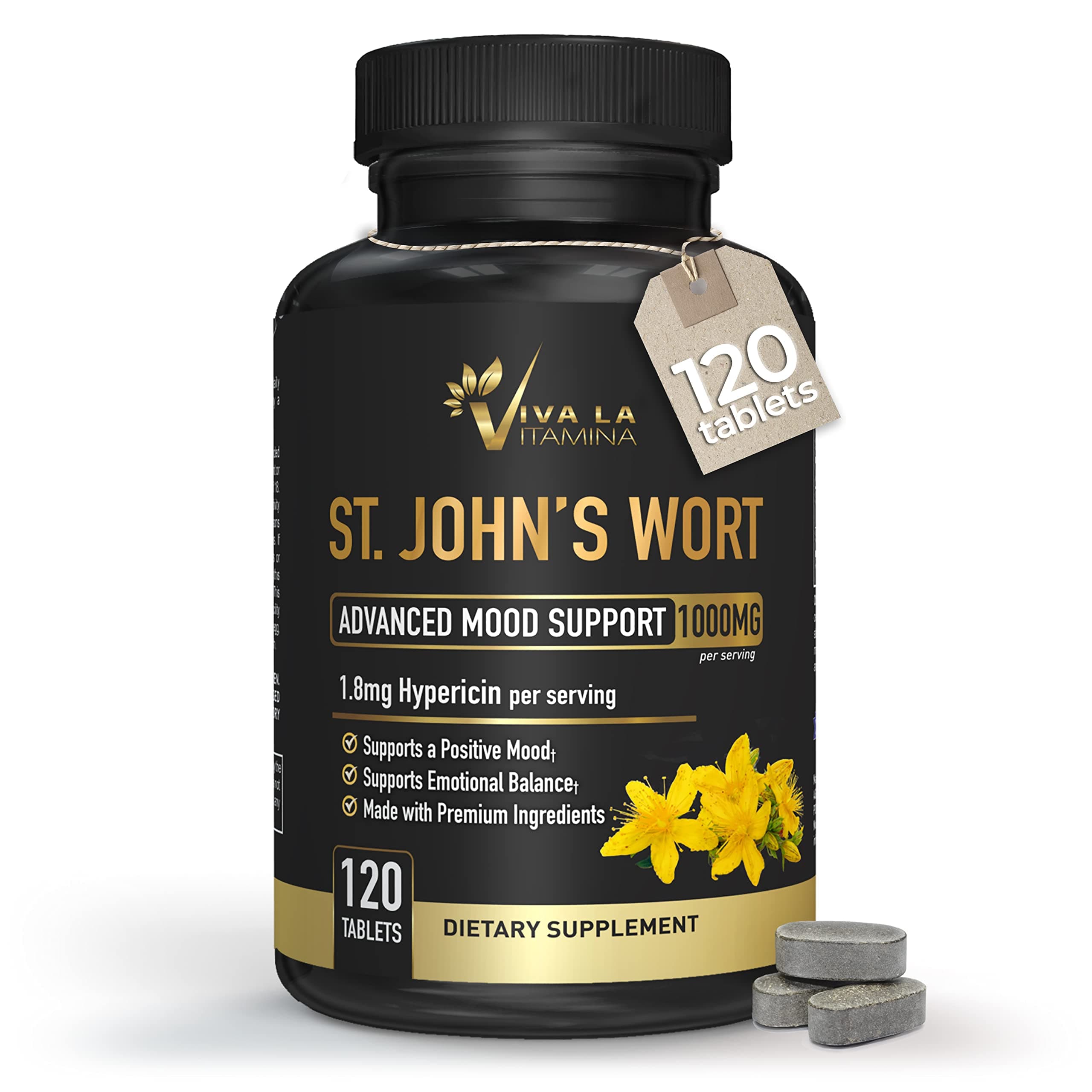 St. John’s Wort Supplement 1000mg per Serving - Advanced Mood and Brain Support for Natural Calm with Concentrated 0.3% Hypericin (Hypericum Perforatum), Non-GMO (120 Tablets)