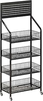 4 Tier Supermaket Snack Rack Display Stand, Free-Standing Black Retail Display Shelves with 12 Hooks & 4 Wheels, Large Metal Snack Shelf for Store Business